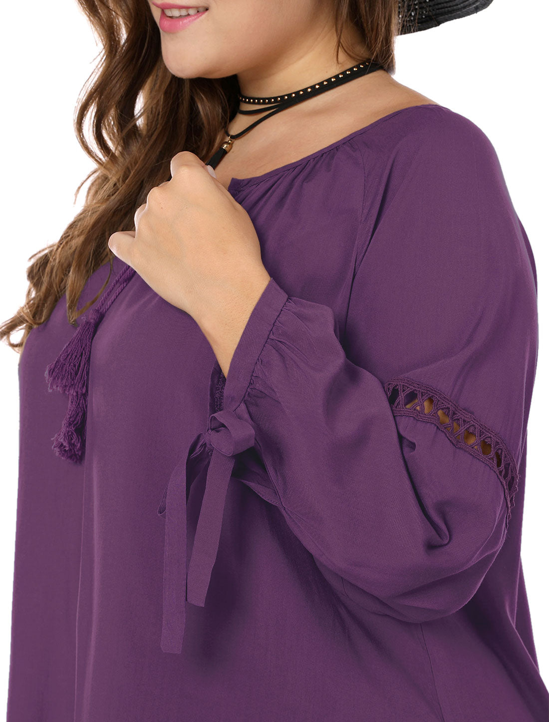 Women's Plus Size Raglan Sleeves Hollow Out Tie Neck Tunic Peasant Top