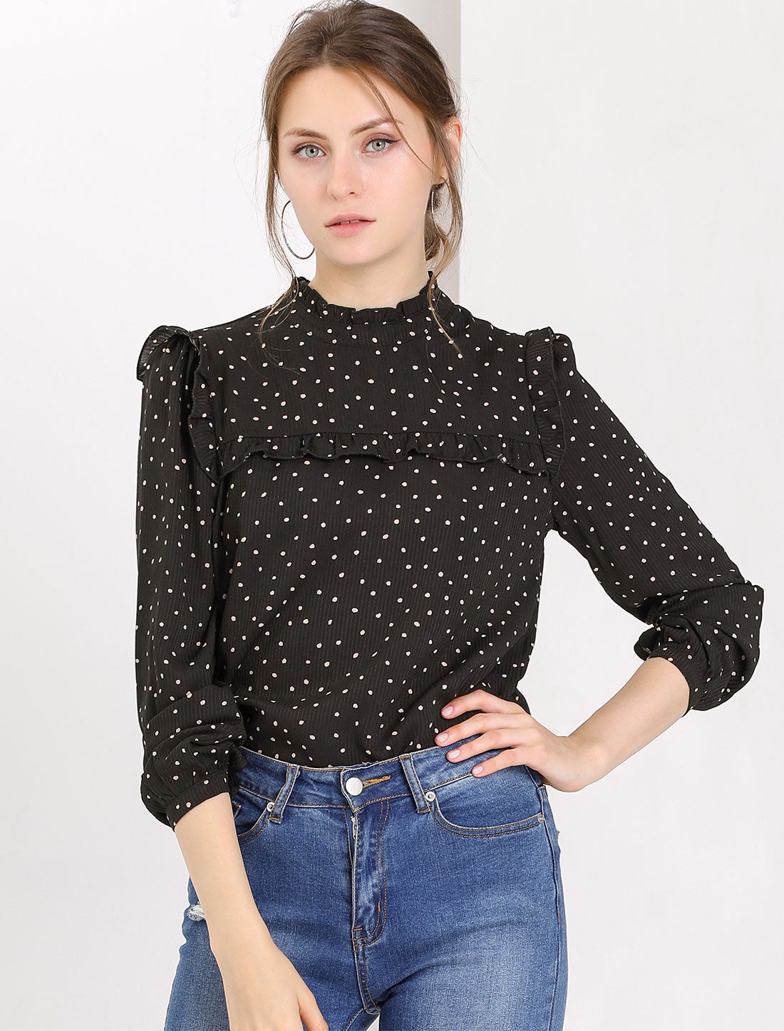 Women's Long Sleeve Mock Neck Ruffle Polka Dots Blouse