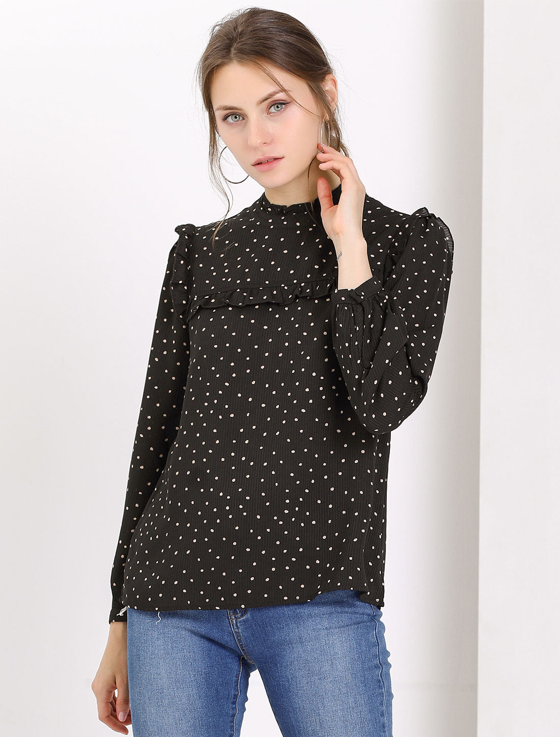 Women's Long Sleeve Mock Neck Ruffle Polka Dots Blouse