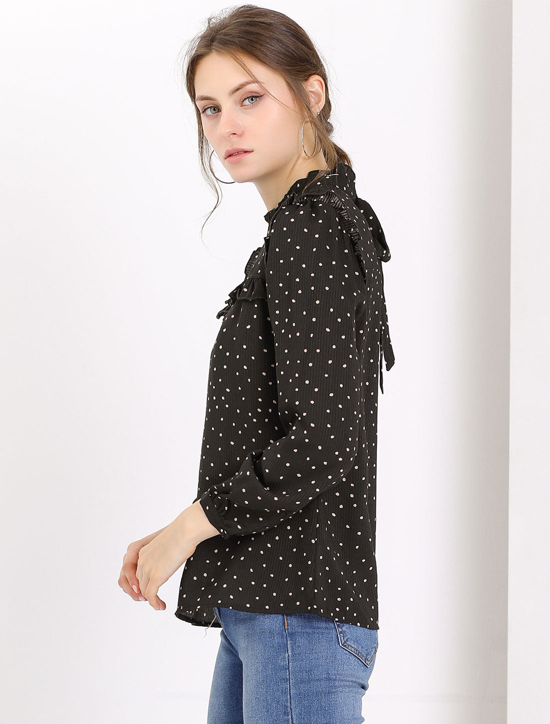 Women's Long Sleeve Mock Neck Ruffle Polka Dots Blouse