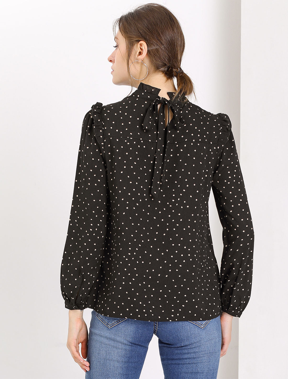 Women's Long Sleeve Mock Neck Ruffle Polka Dots Blouse