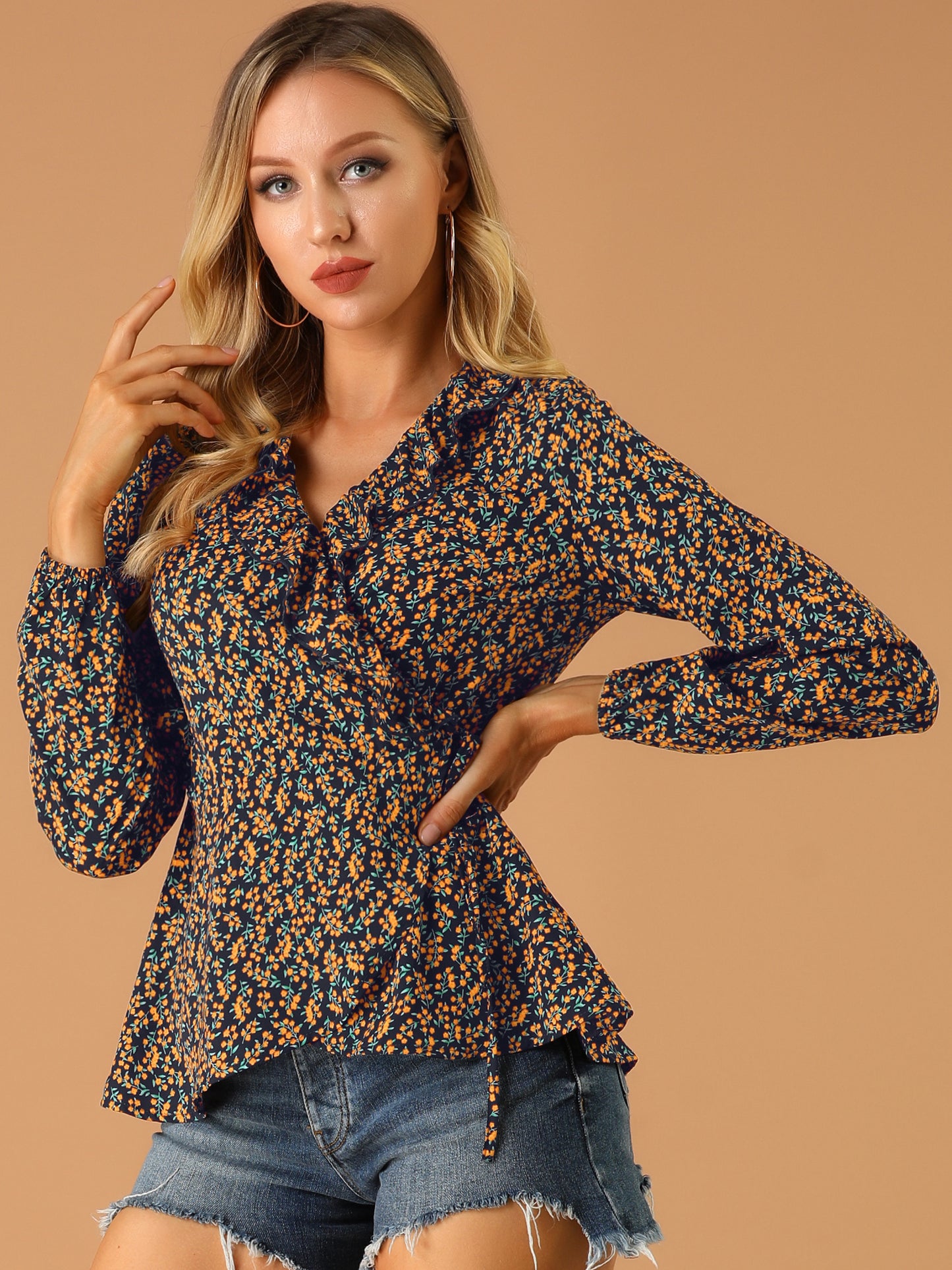 Women's Floral V Neck Wrap Top Long Sleeve Tie Waist Ruffle Peplum Blouse