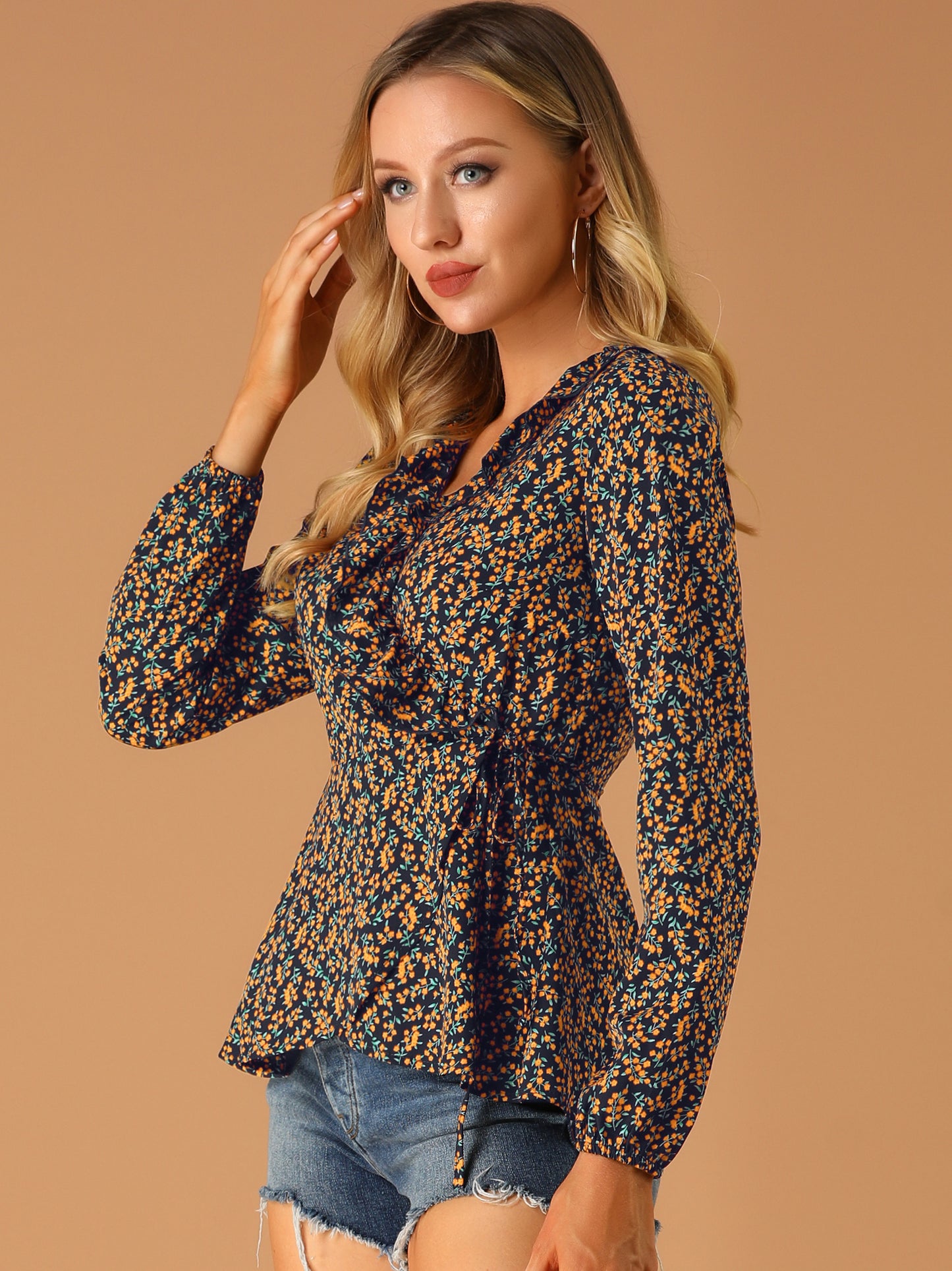 Women's Floral V Neck Wrap Top Long Sleeve Tie Waist Ruffle Peplum Blouse