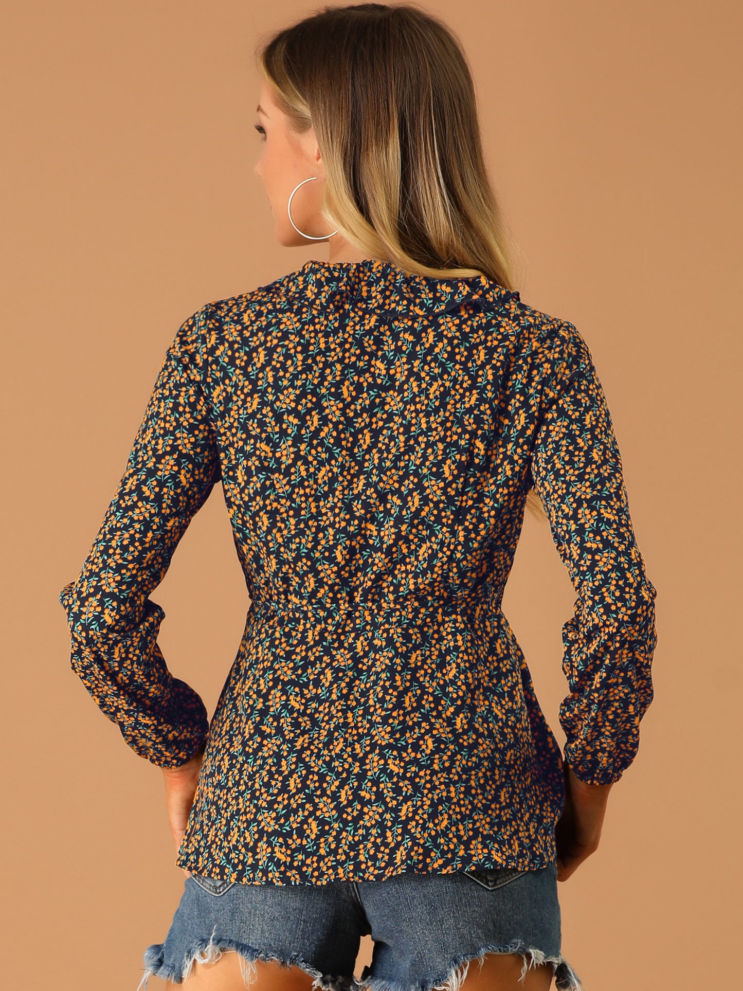 Women's Floral V Neck Wrap Top Long Sleeve Tie Waist Ruffle Peplum Blouse