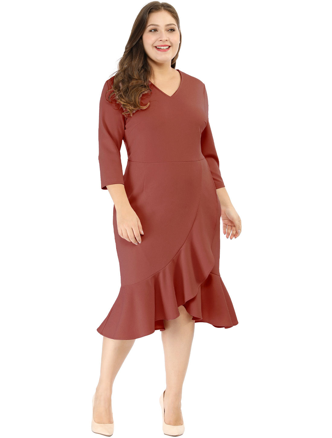Women's Plus Size Business Ruffled Dress 3/4 Sleeve Office Work Cocktail Dresses Party Wrap Dress