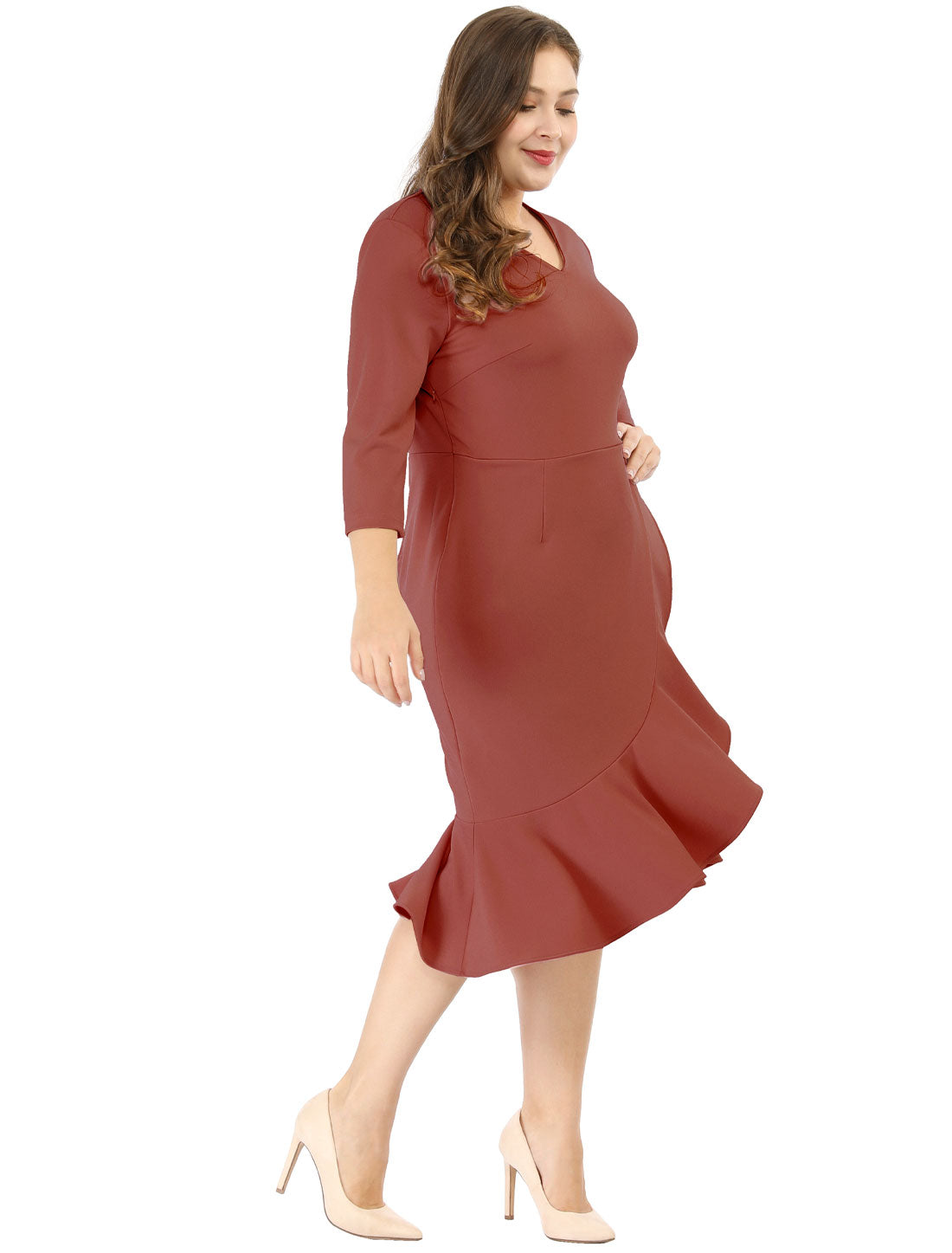Women's Plus Size Business Ruffled Dress 3/4 Sleeve Office Work Cocktail Dresses Party Wrap Dress