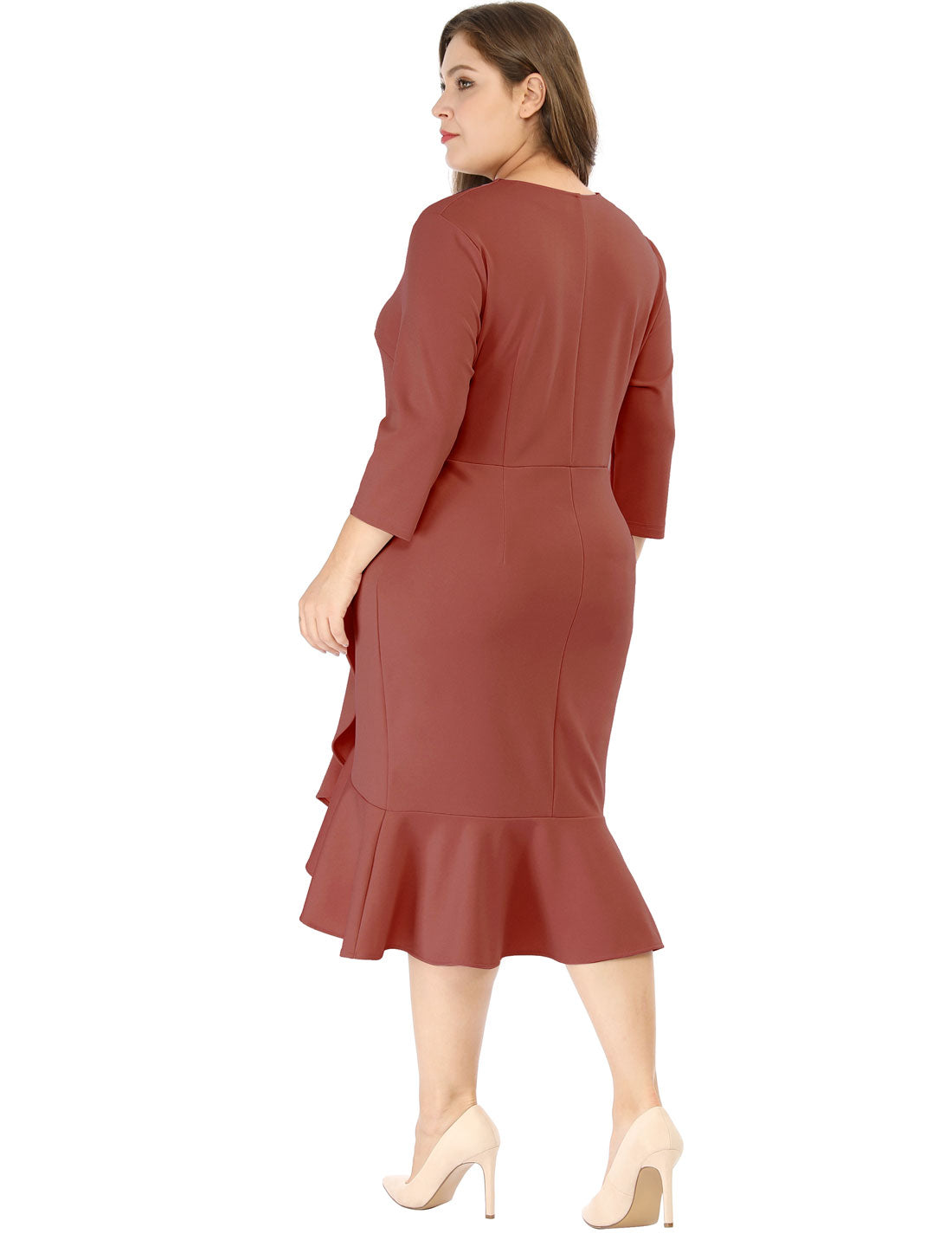 Women's Plus Size Business Ruffled Dress 3/4 Sleeve Office Work Cocktail Dresses Party Wrap Dress