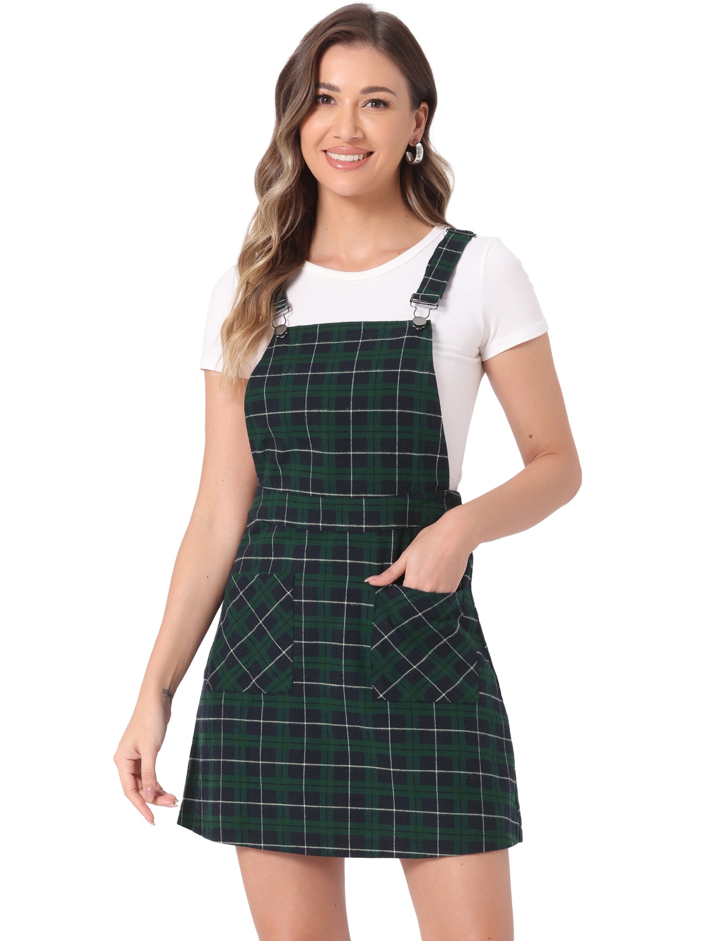 Women's Adjustable Strap Above Knee Plaid Printed Overall Dress Suspender Skirt