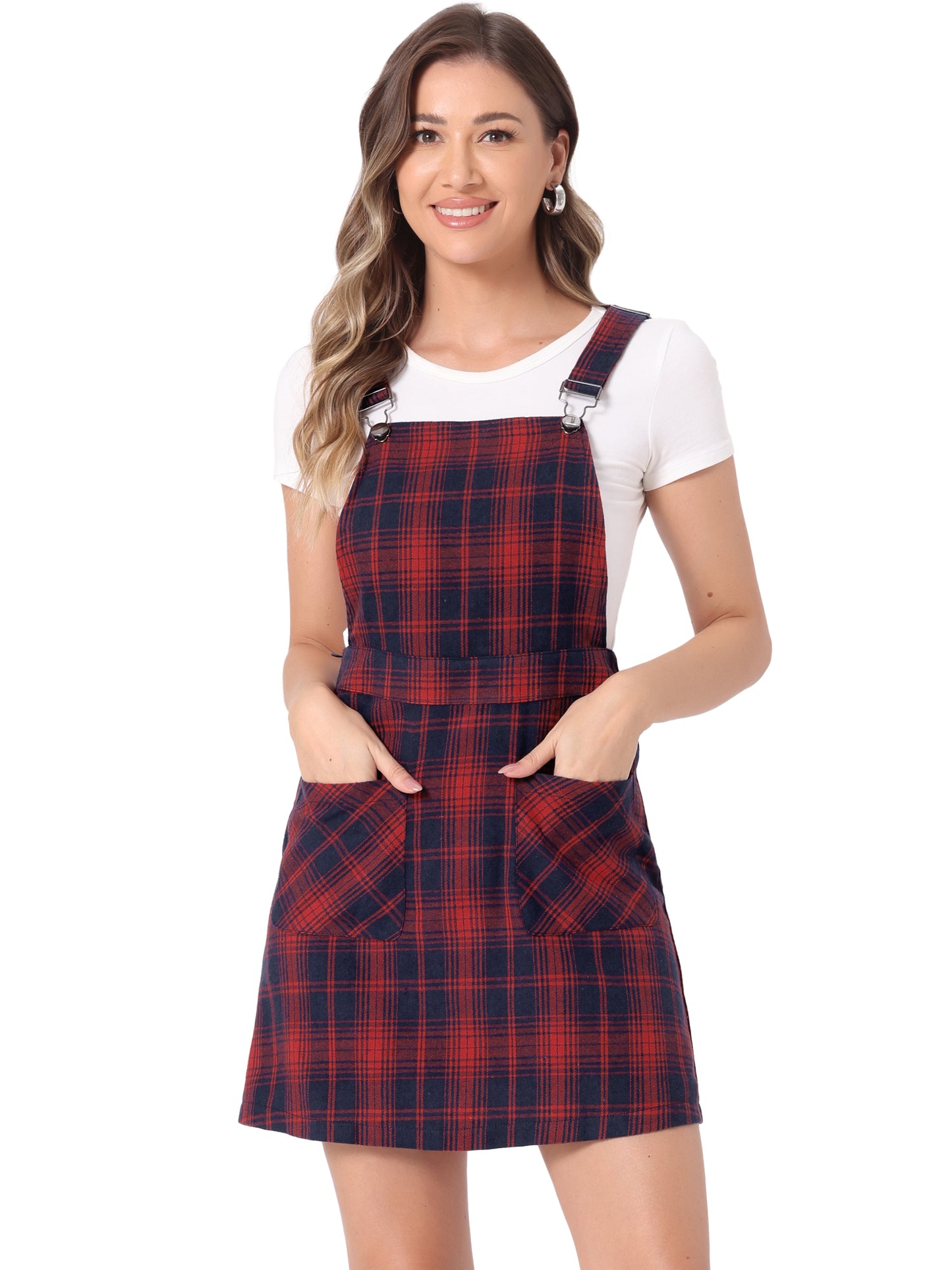 Women's Adjustable Strap Above Knee Plaid Printed Overall Dress Suspender Skirt