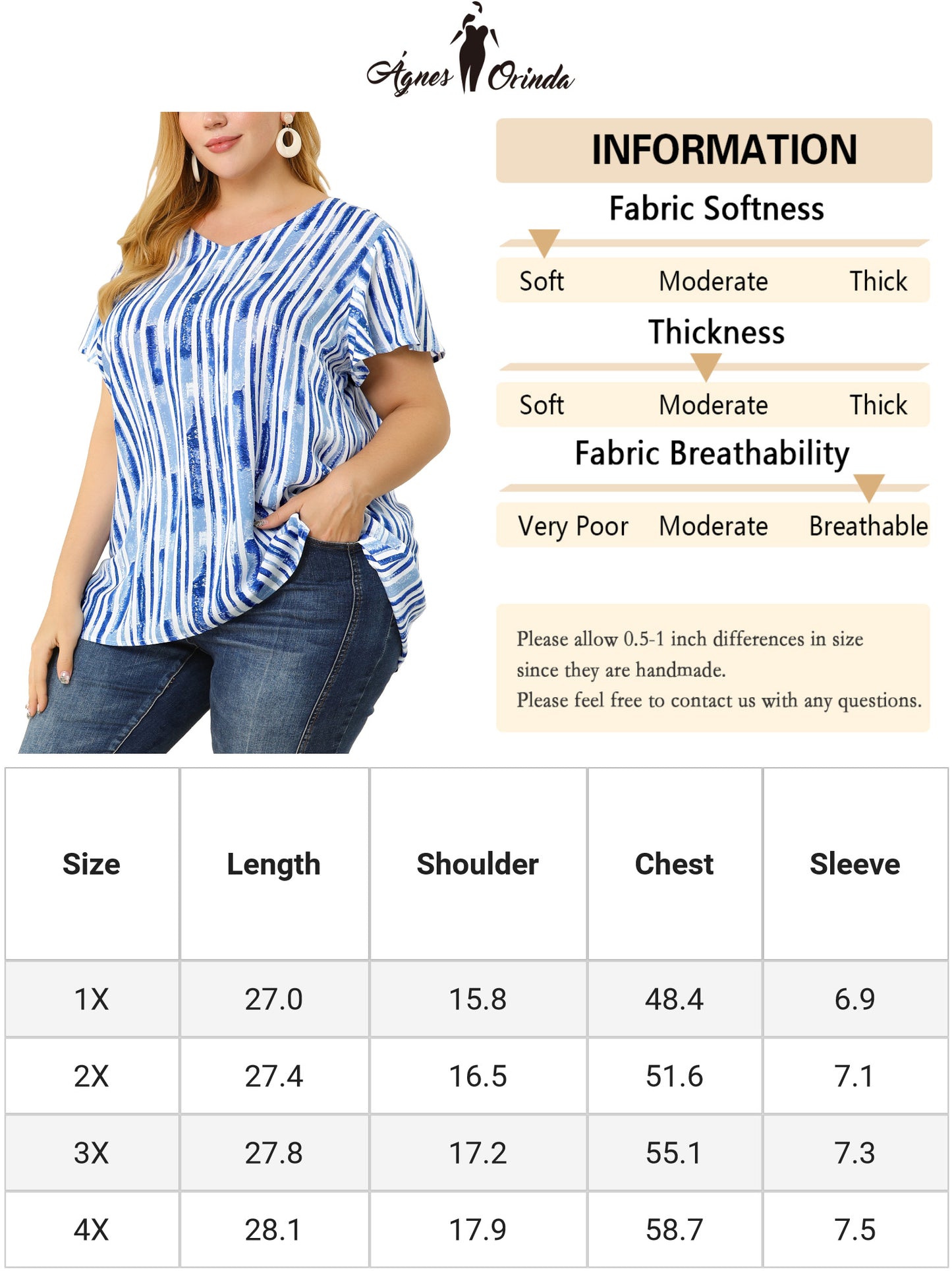 Blusa informal de verano con estampado de rayas y cuello en V y manga corta para mujer, talla grande