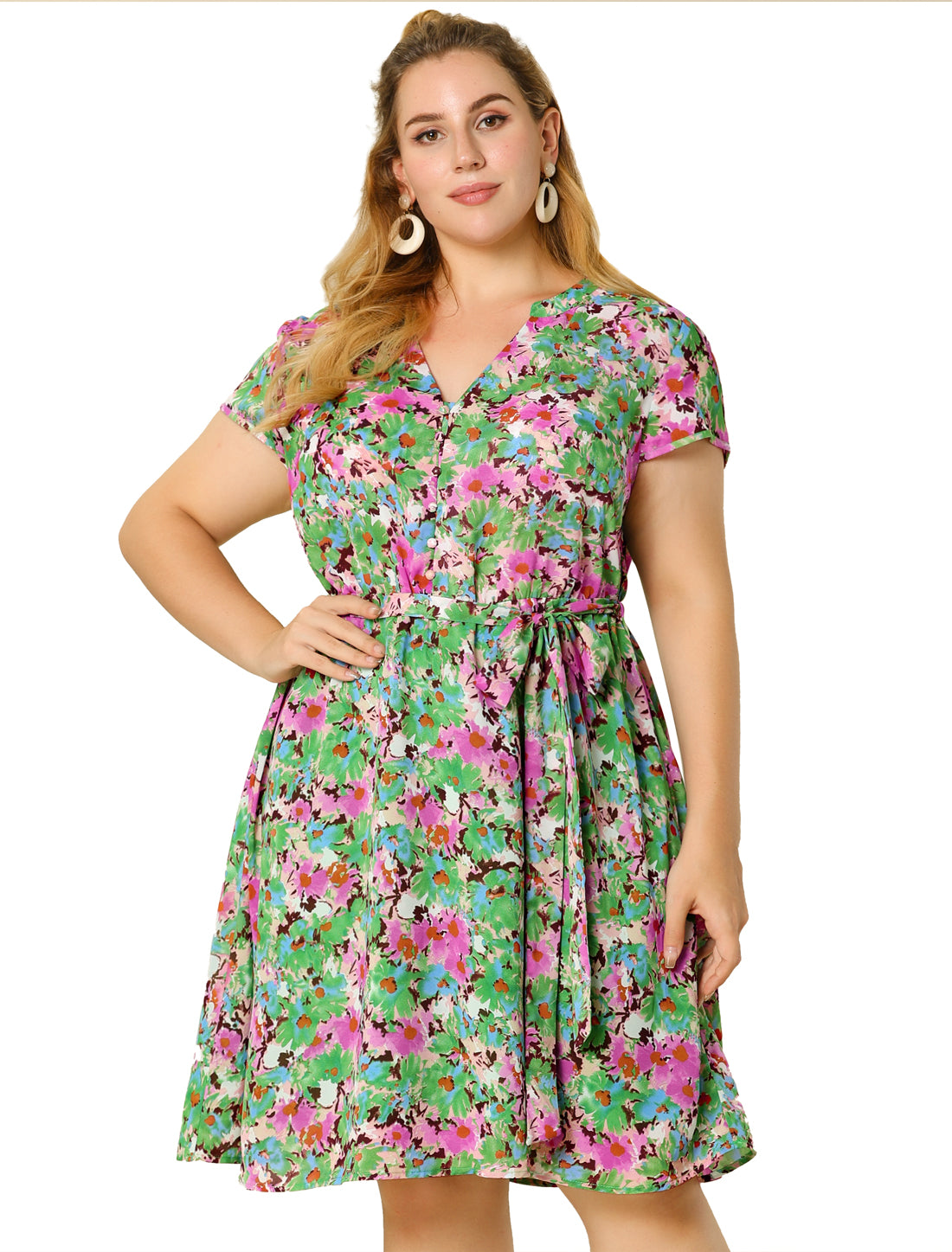 Women's Plus Size V Neck Belted Summer Floral Dresses