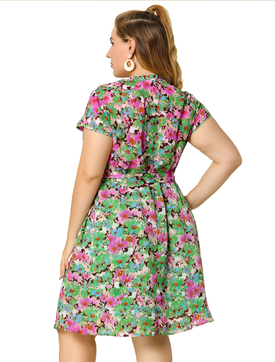 Women's Plus Size V Neck Belted Summer Floral Dresses