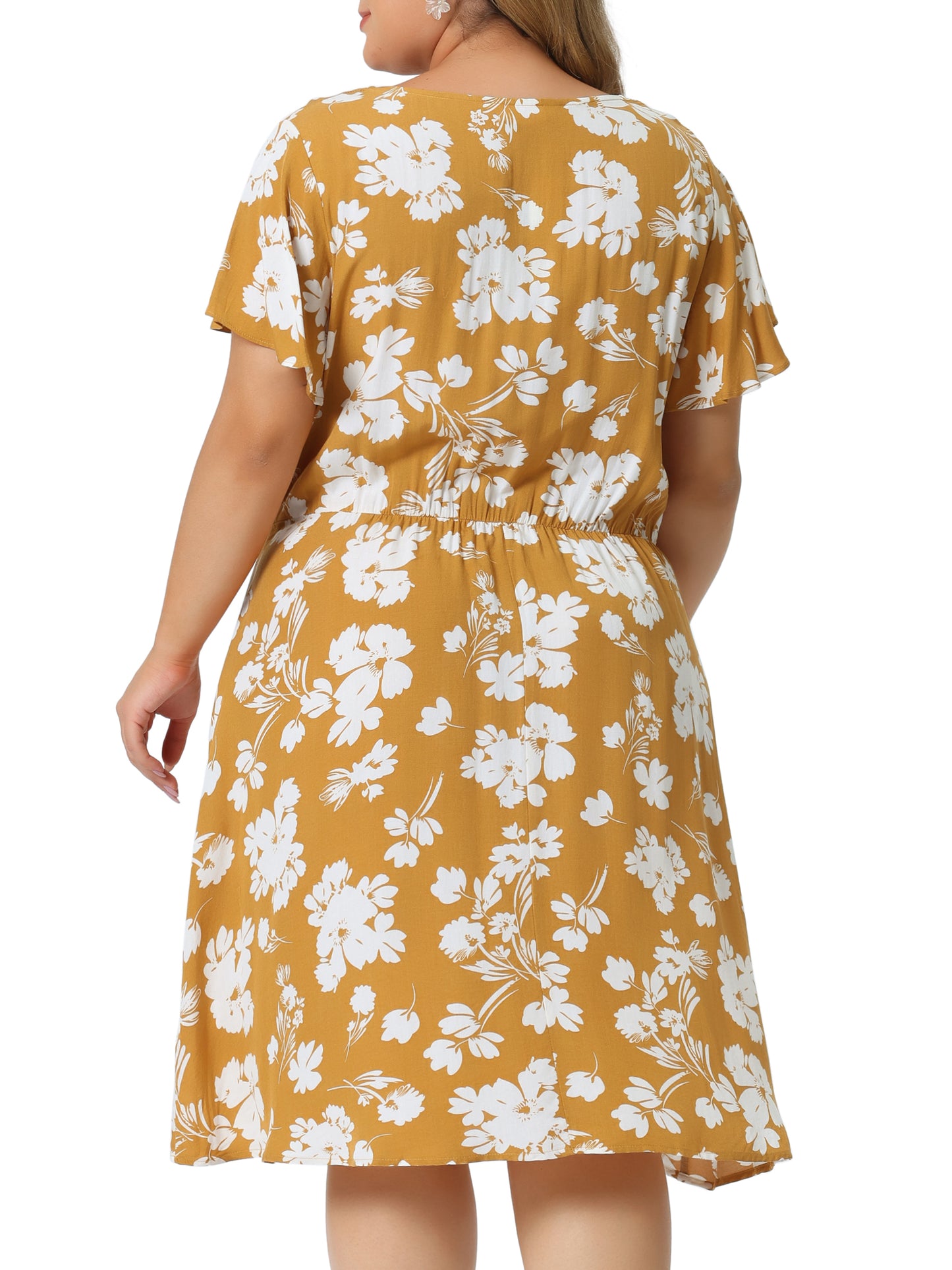 Women Plus Size Summer V Neck Flare Sleeve Sundress Peplum Midi Ruffle Dress