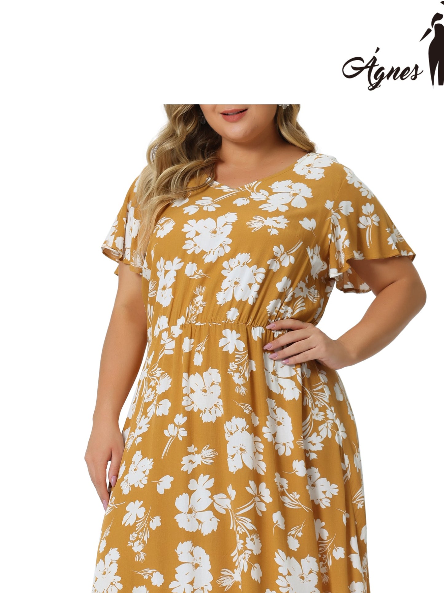 Women Plus Size Summer V Neck Flare Sleeve Sundress Peplum Midi Ruffle Dress