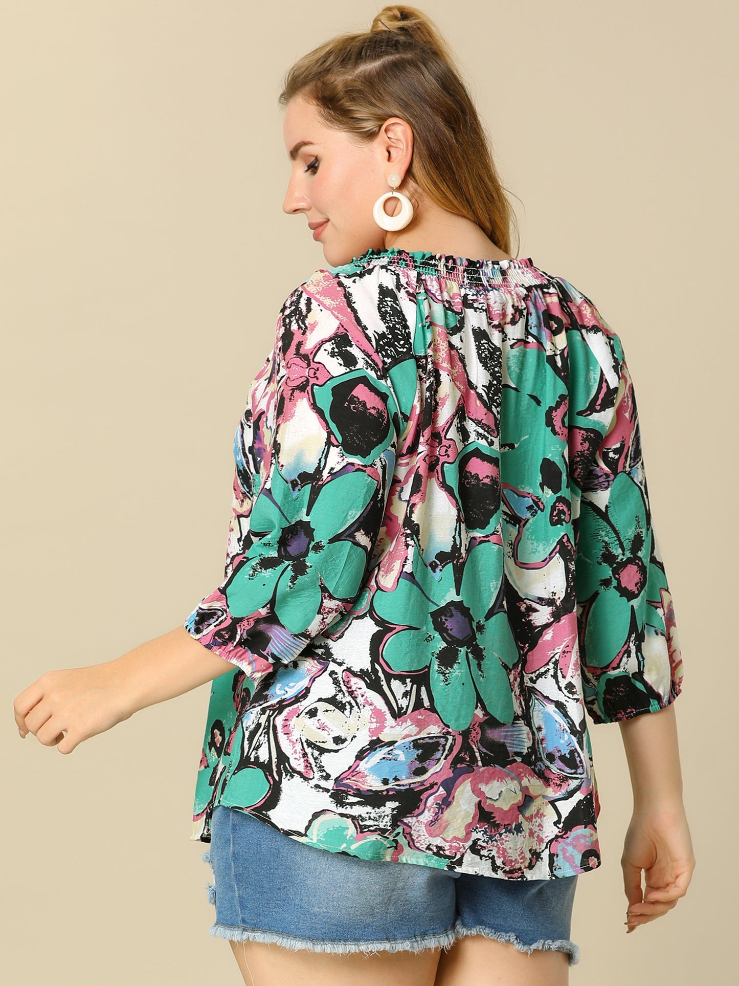 Women's Casual Plus Size Boho Floral Loose Tops Tie 3/4 Sleeve Beach Tunic Blouse