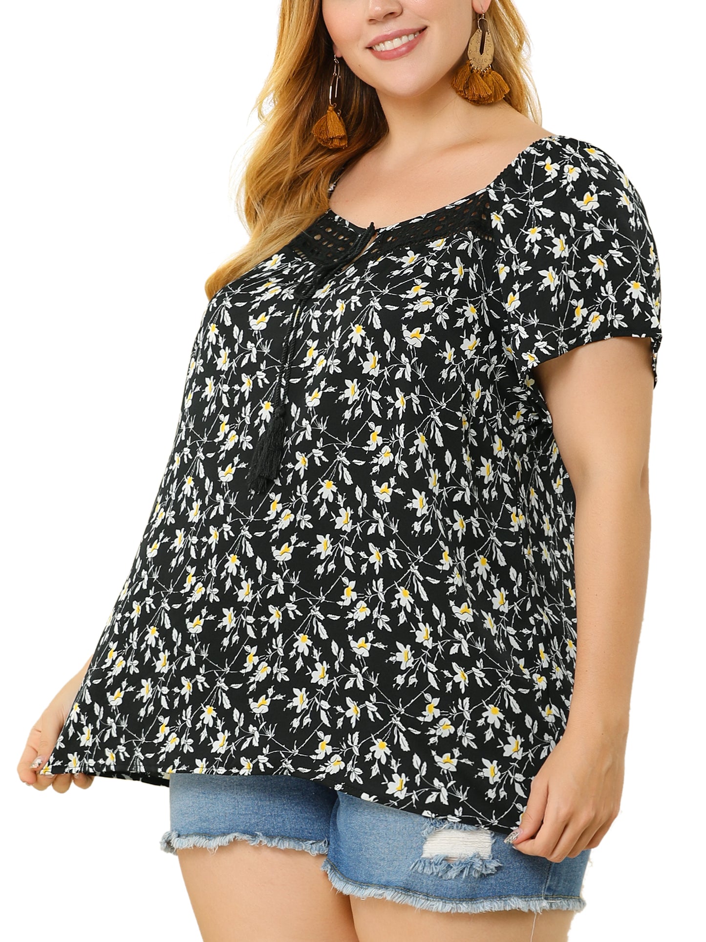 Women Plus Size Blouse Short Sleeve Tie Neck Floral Print Casual Top