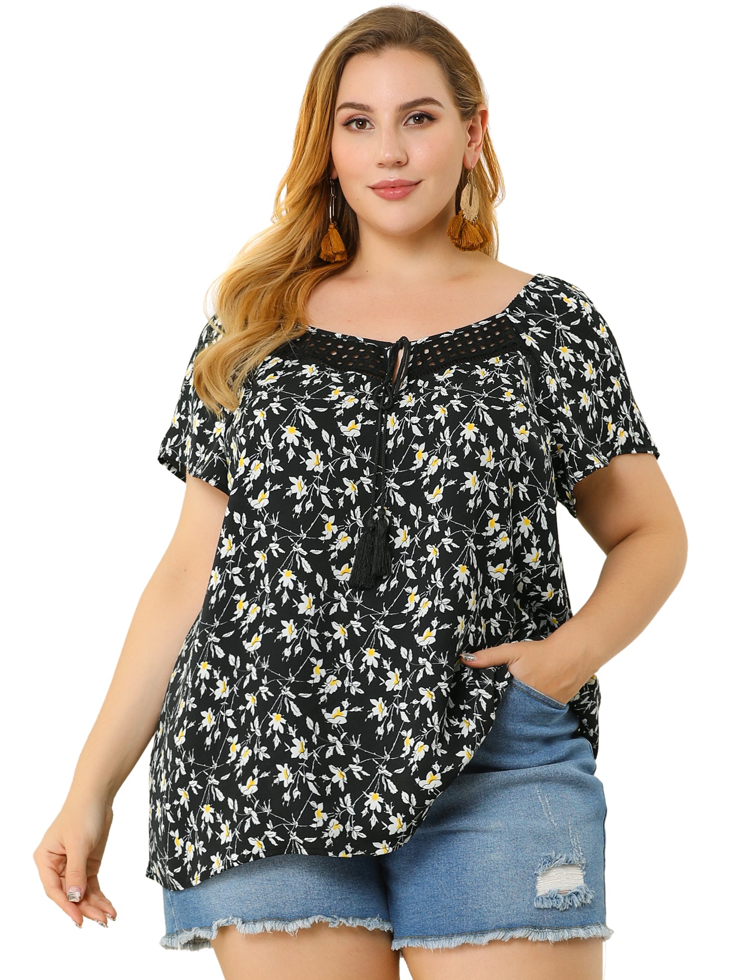 Women Plus Size Blouse Short Sleeve Tie Neck Floral Print Casual Top