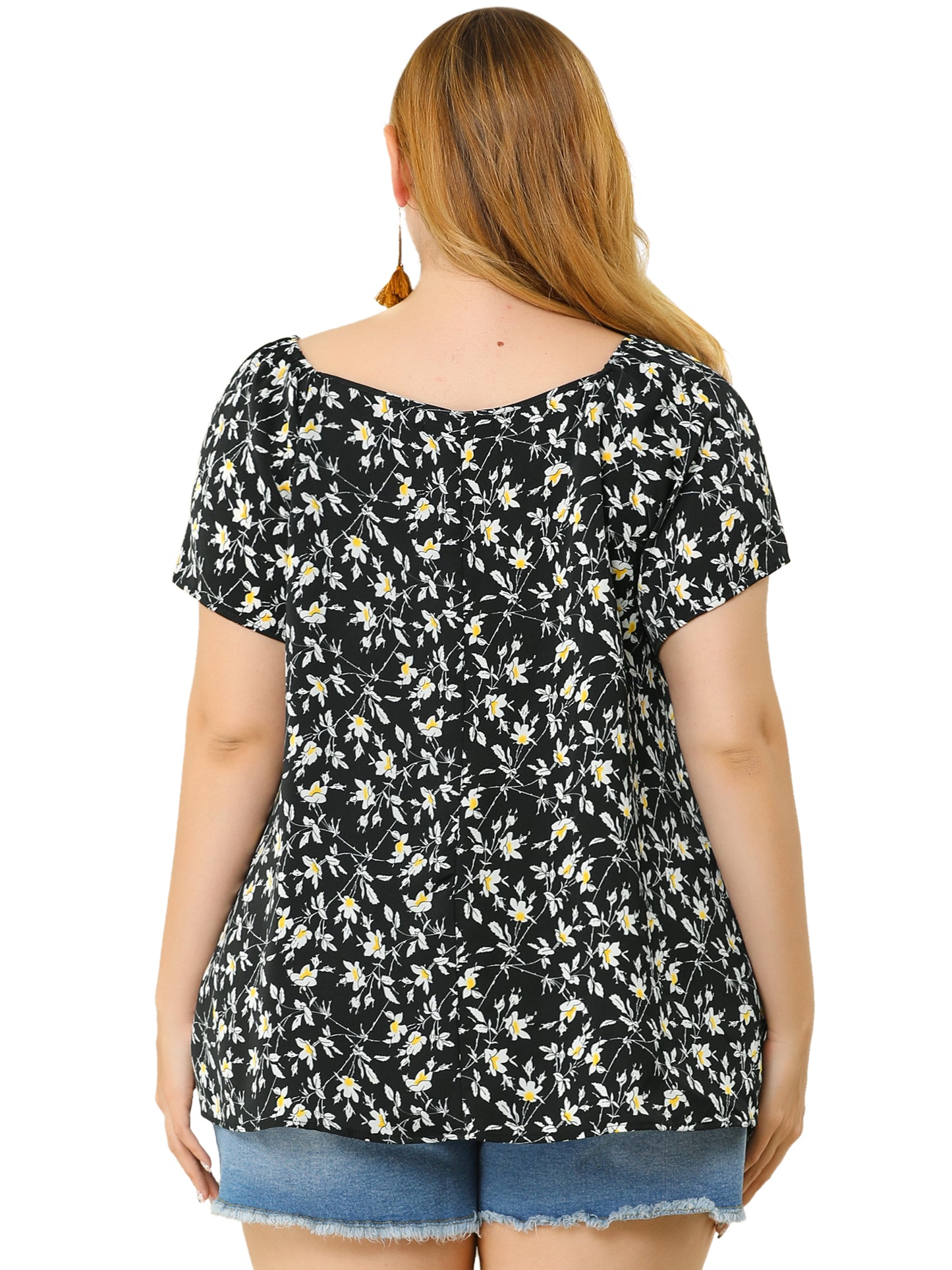 Women Plus Size Blouse Short Sleeve Tie Neck Floral Print Casual Top
