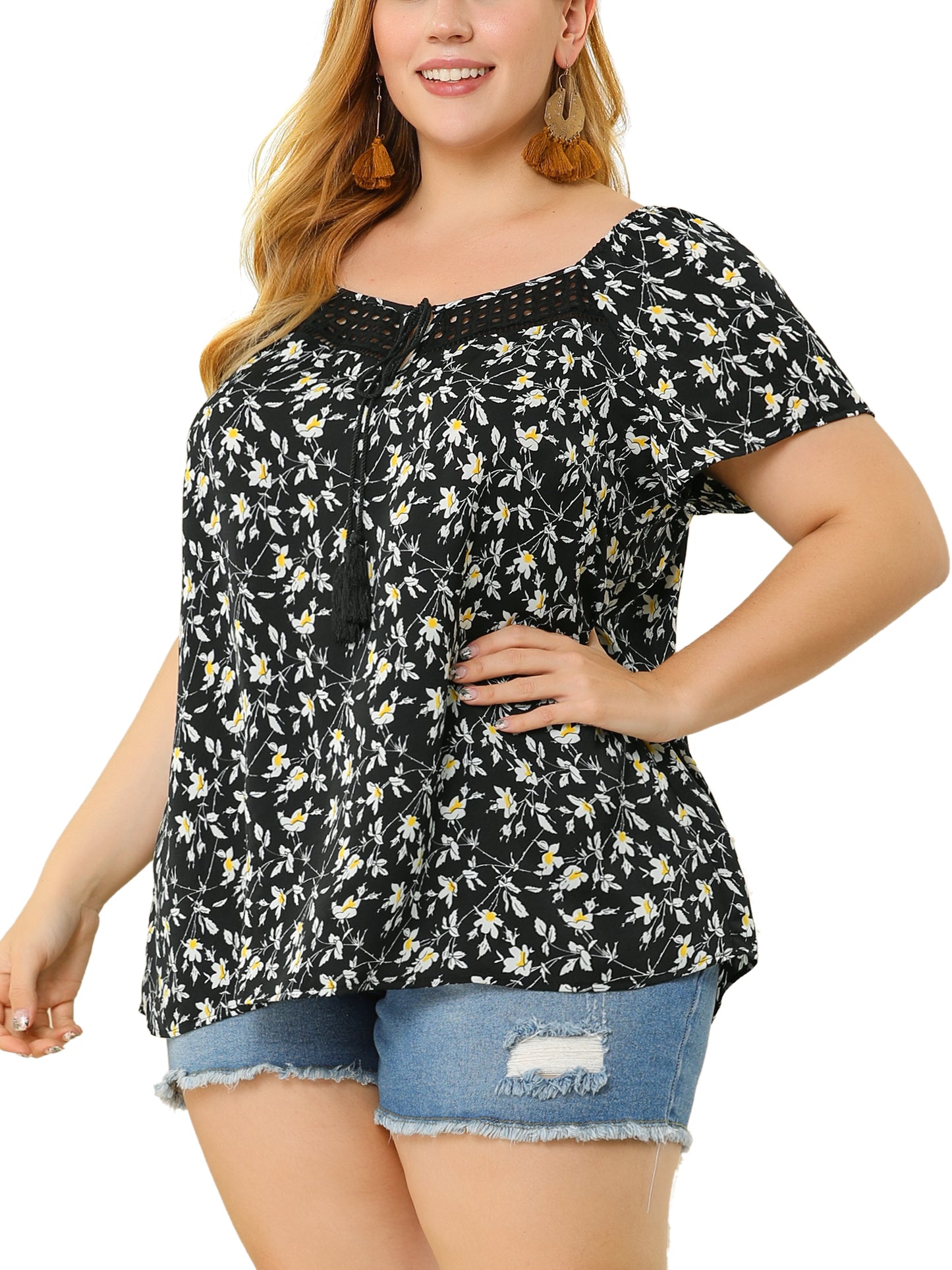 Women Plus Size Blouse Short Sleeve Tie Neck Floral Print Casual Top
