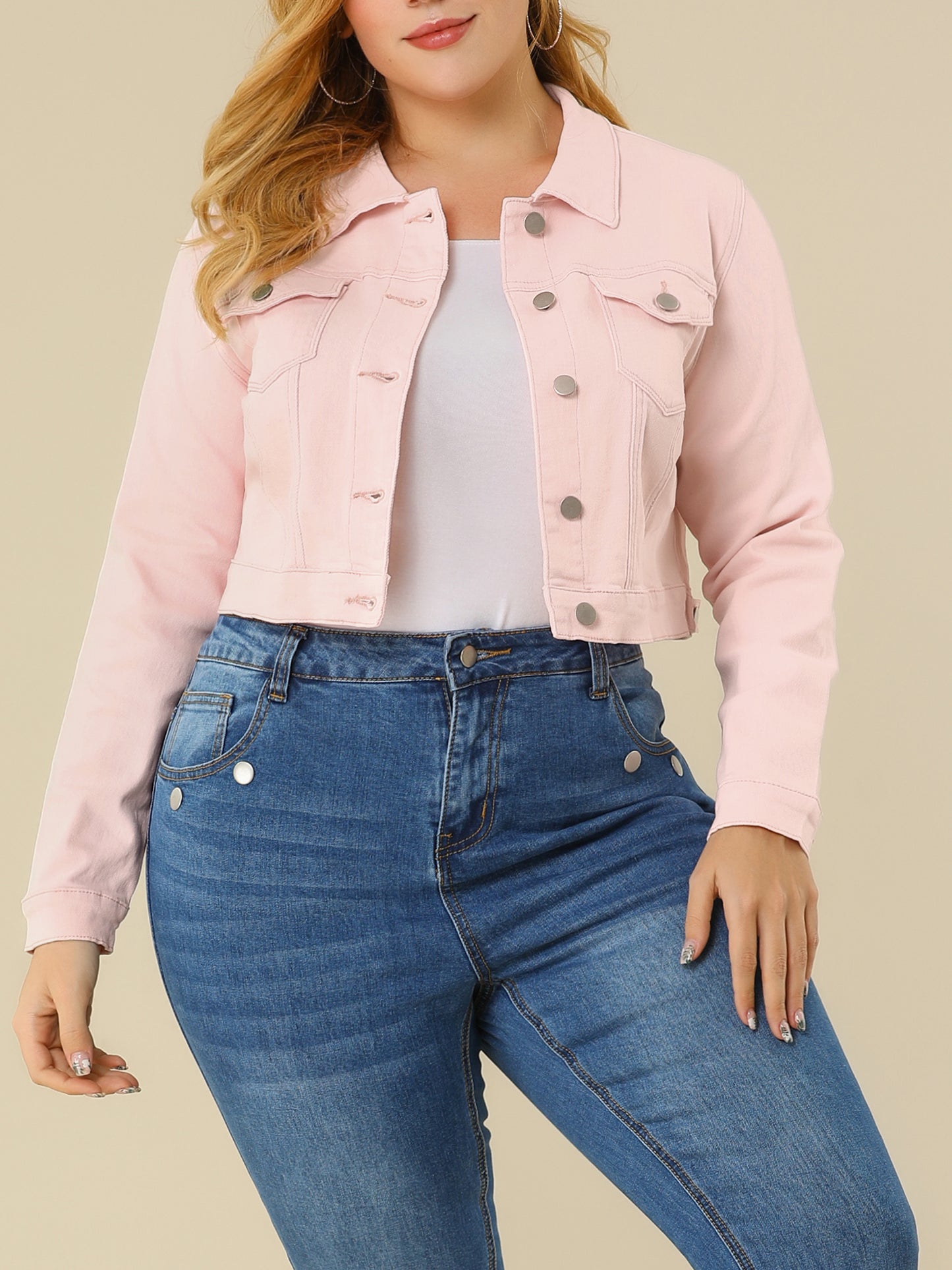 Women's Plus Size Button Closed Cropped Stitching Denim Jacket