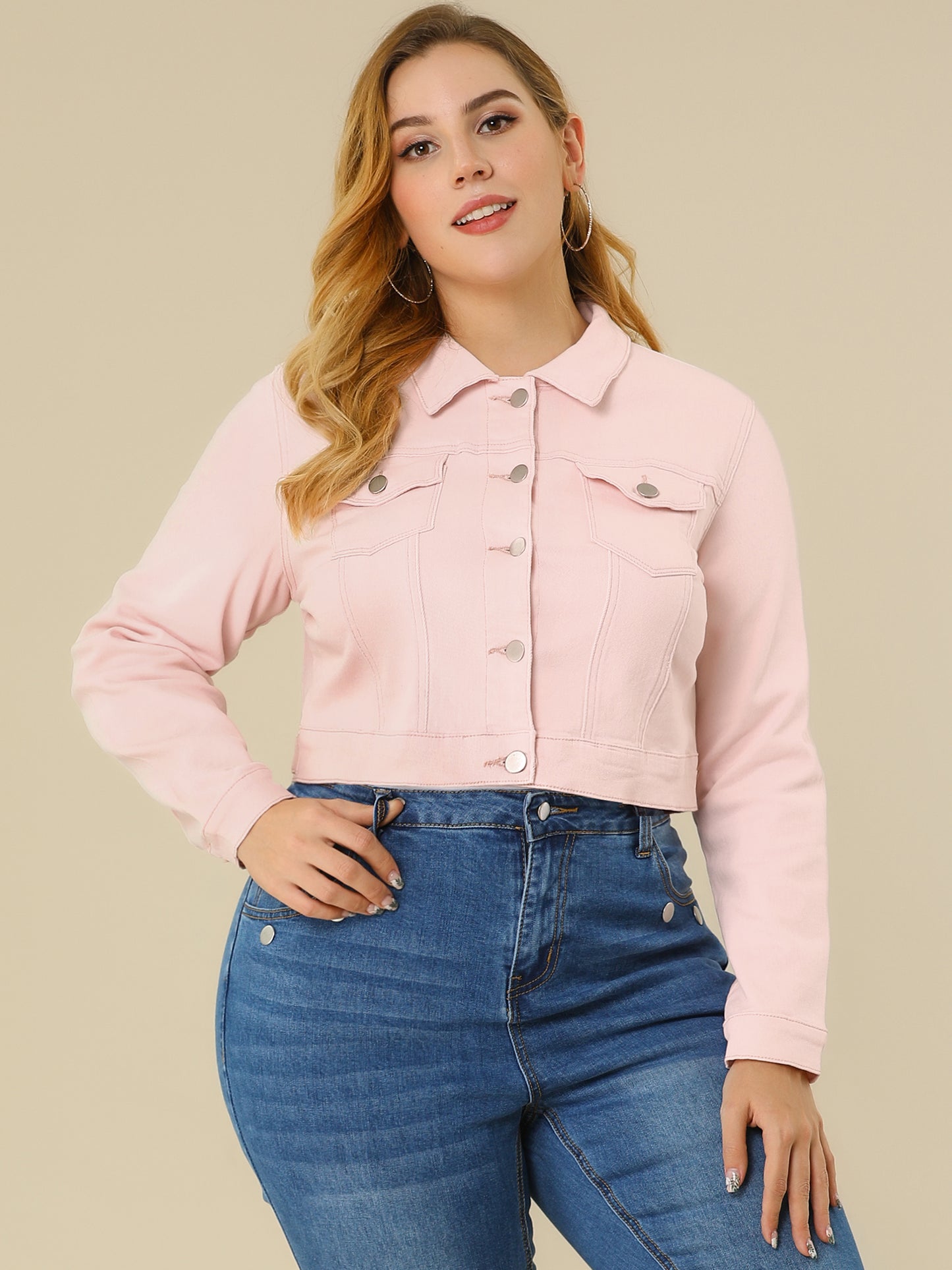 Women's Plus Size Button Closed Cropped Stitching Denim Jacket