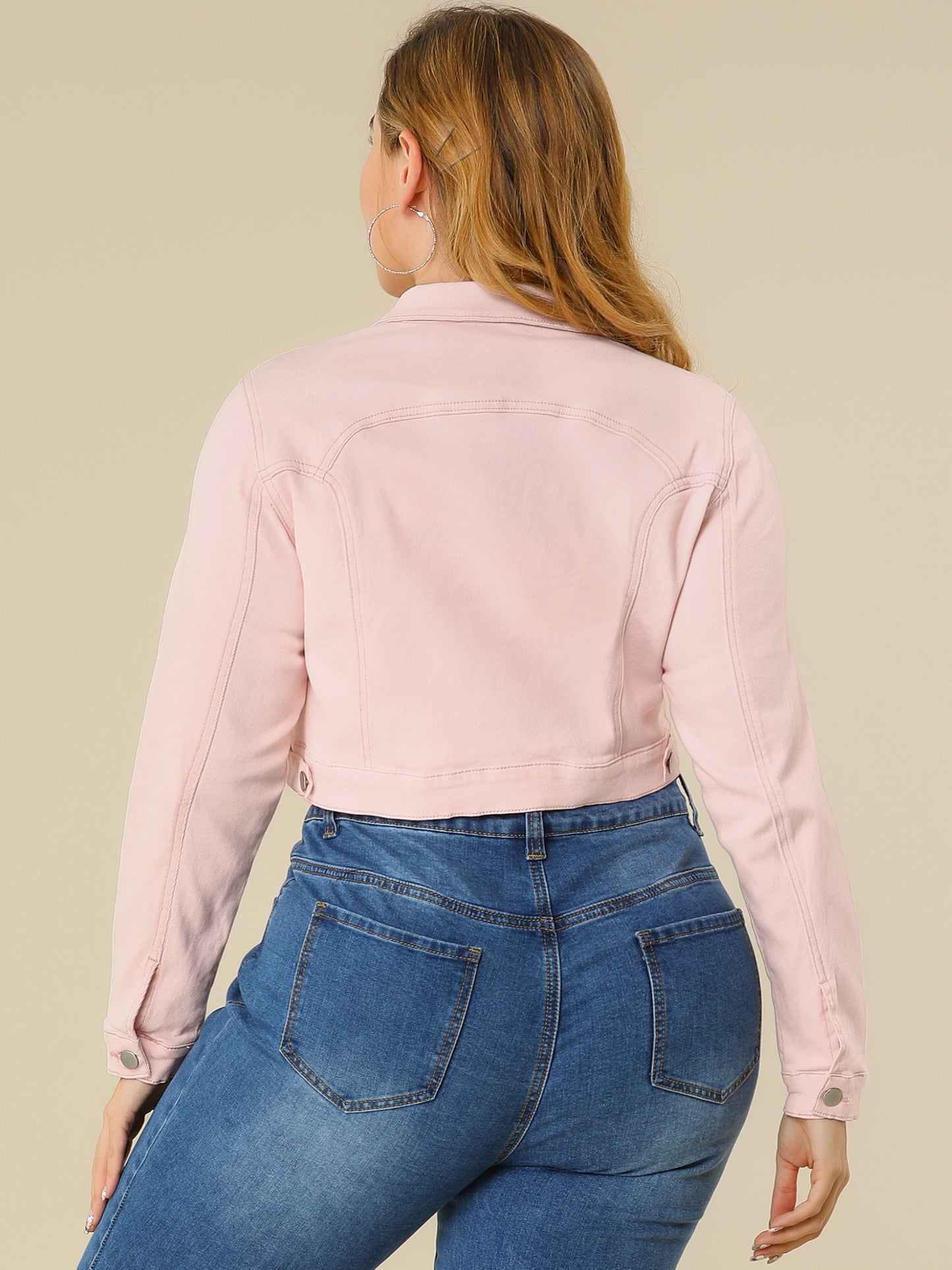 Women's Plus Size Button Closed Cropped Stitching Denim Jacket