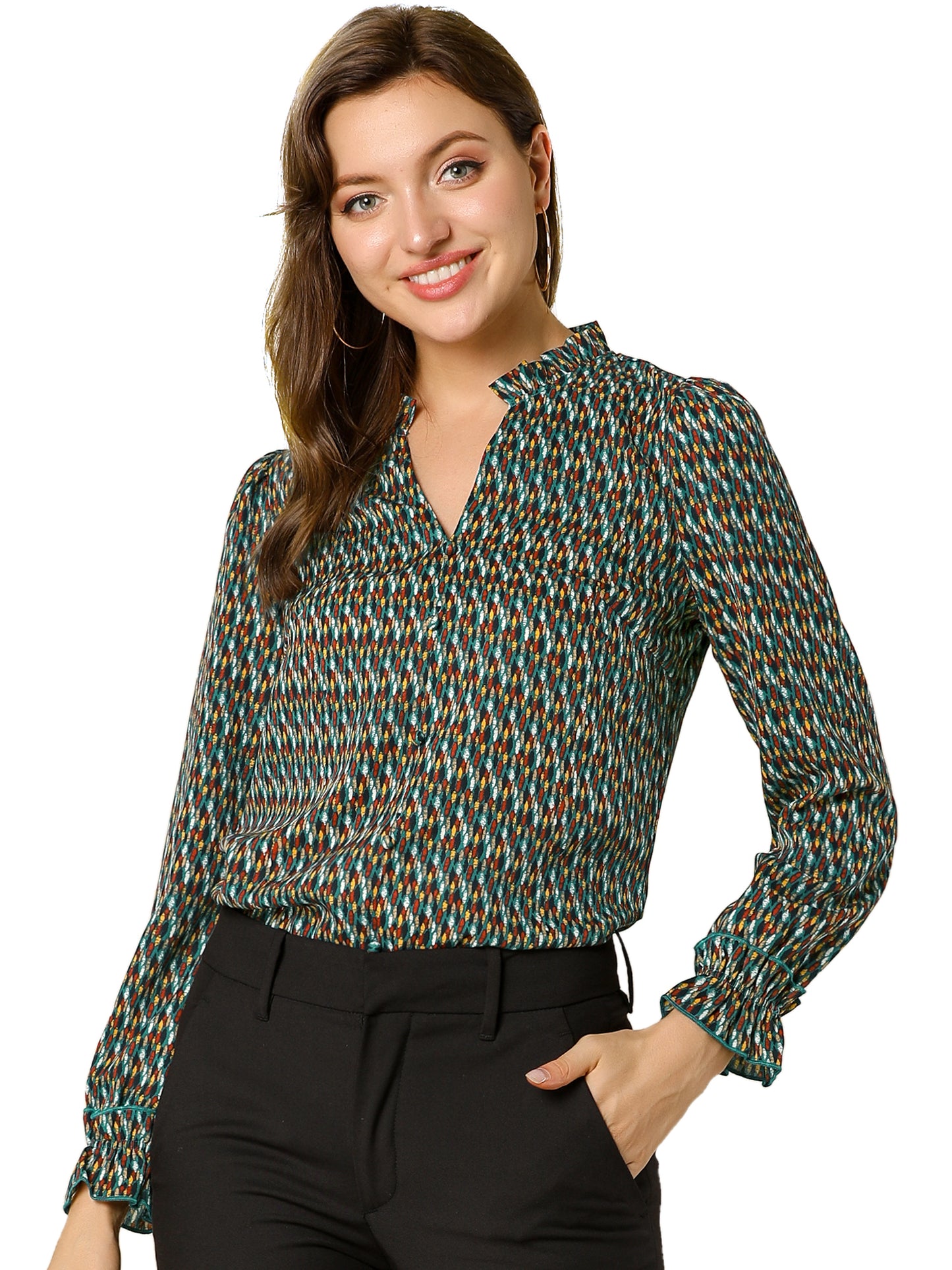 Women's Ruffle V Neck Geometric Print Puff Sleeve Top