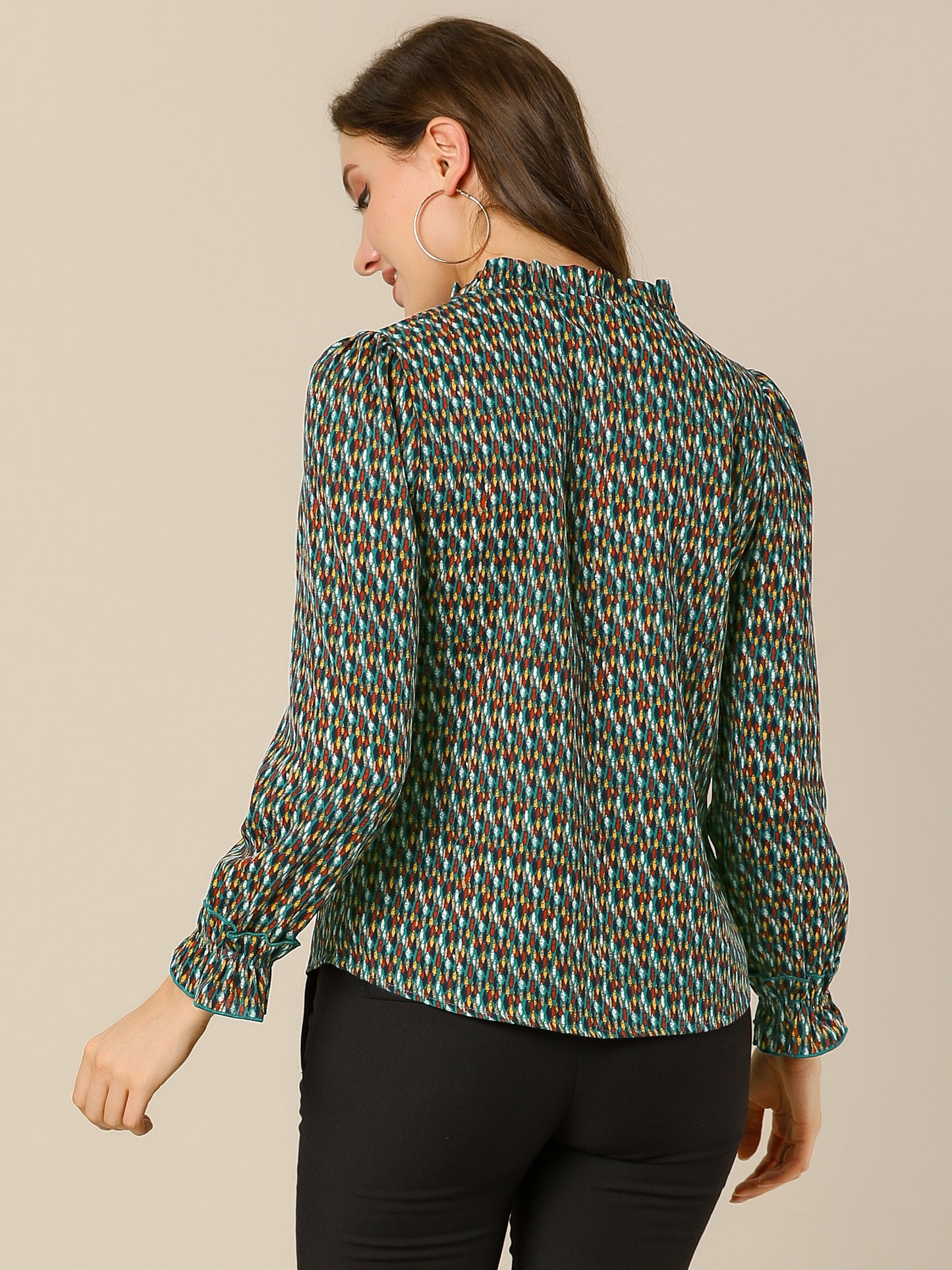 Women's Ruffle V Neck Geometric Print Puff Sleeve Top