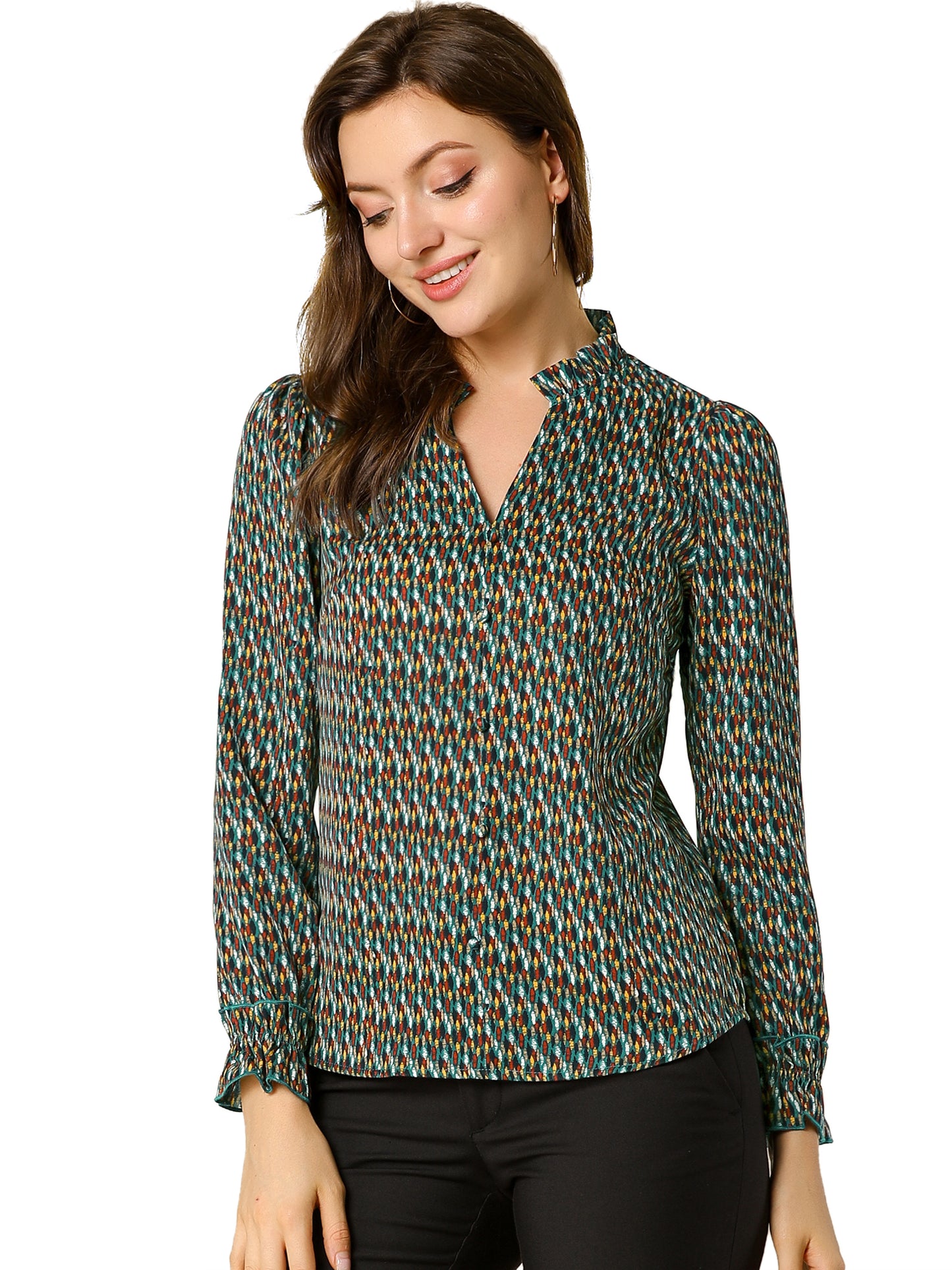 Women's Ruffle V Neck Geometric Print Puff Sleeve Top