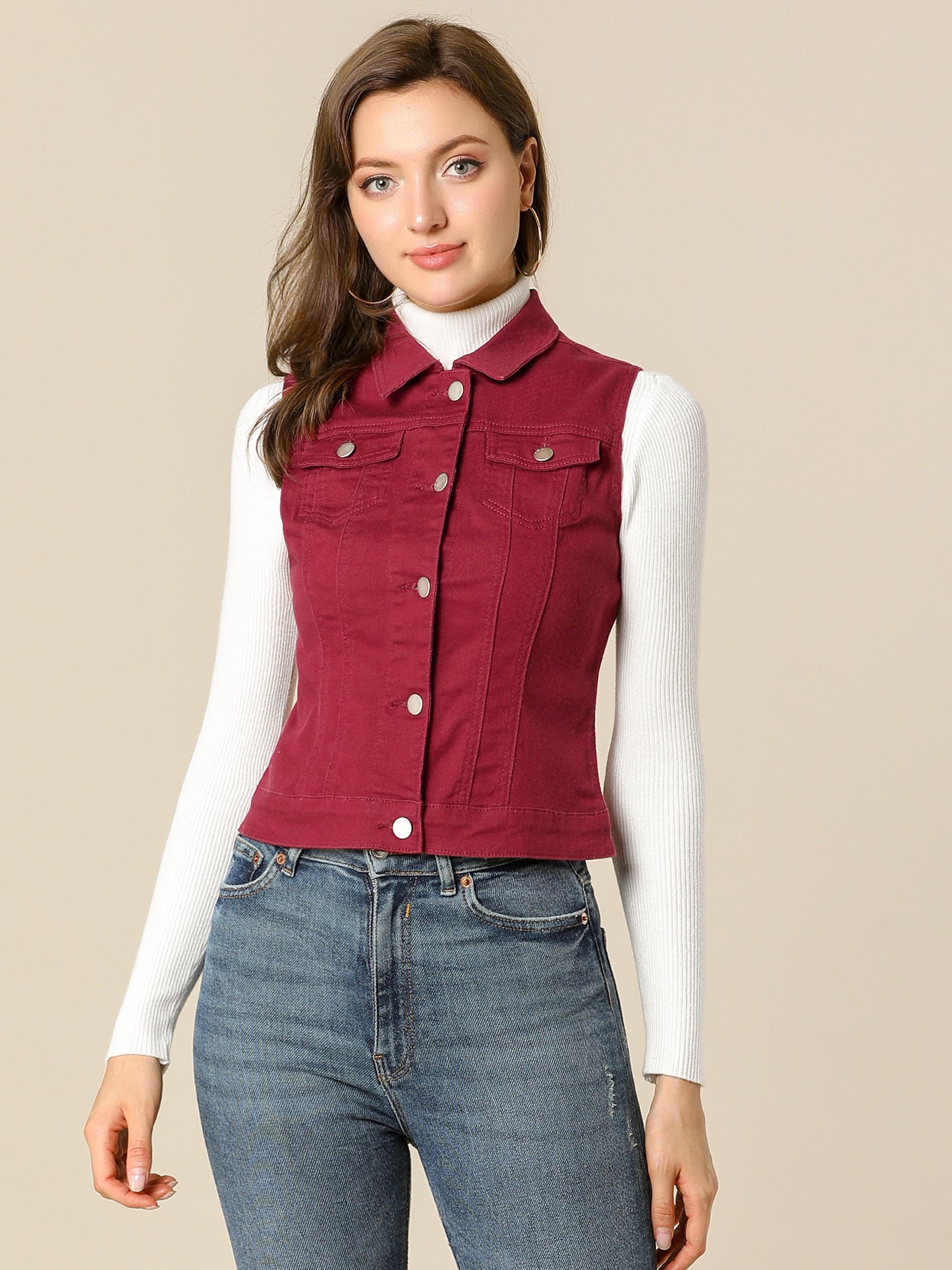 Women's Buttoned Washed Denim Vest Jacket W Chest Flap Pockets (Available in Plus Size)