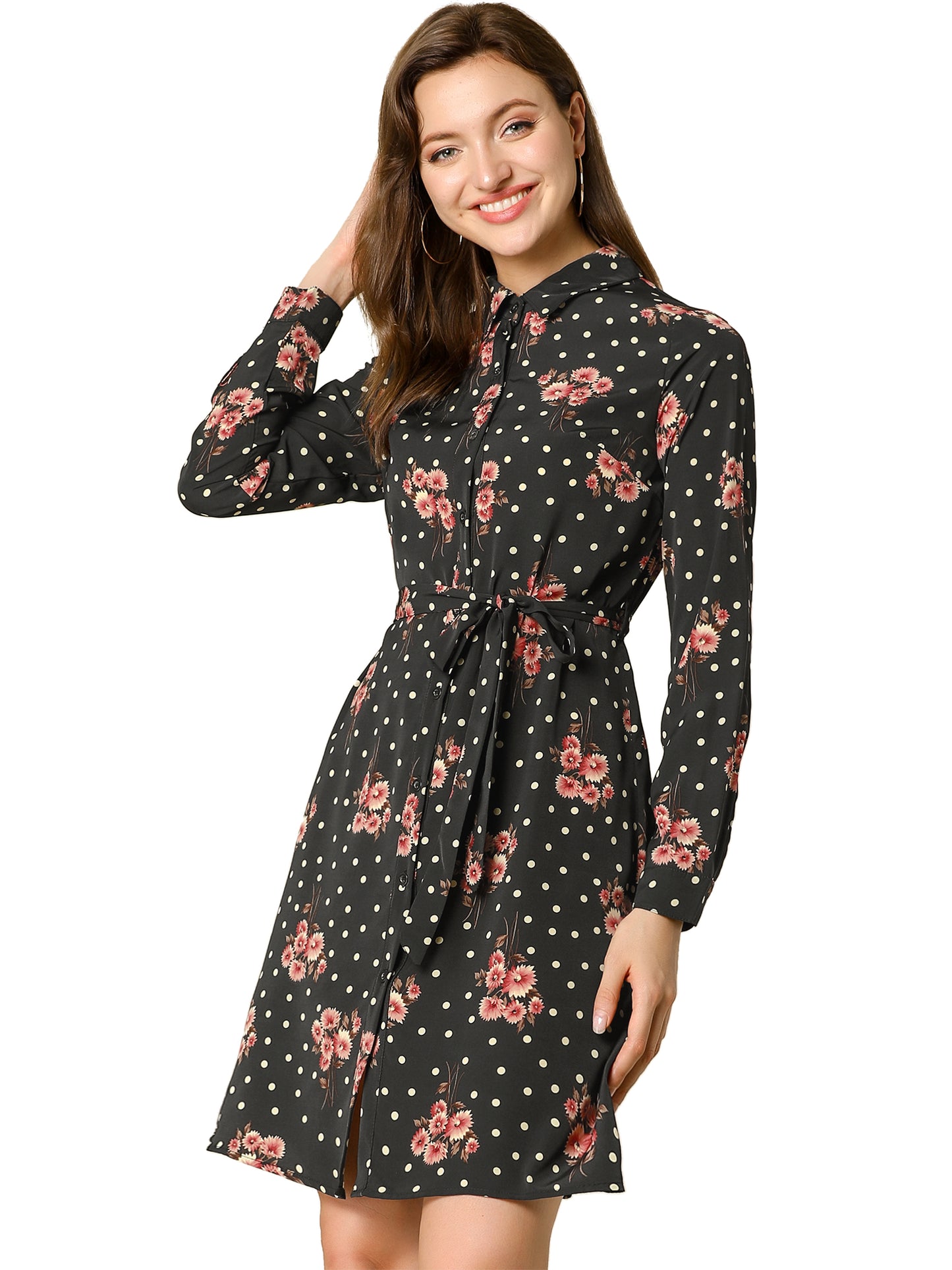 Women's Button Down Collar Tie Belted Print Shirt Dress