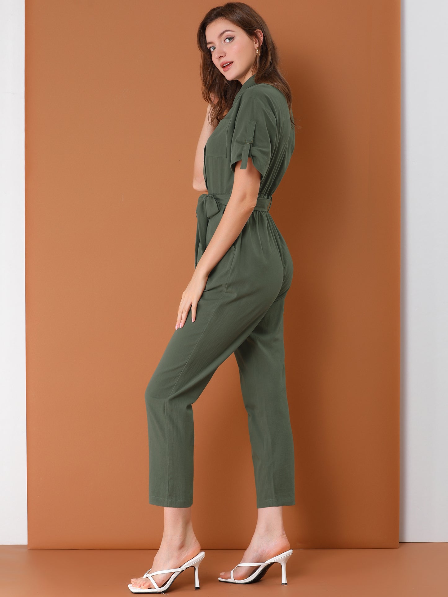 Women's Short Sleeve Collared Cropped Coverall Button Down Tie Waist Cotton Cargo Jumpsuit (Available in Plus Size)