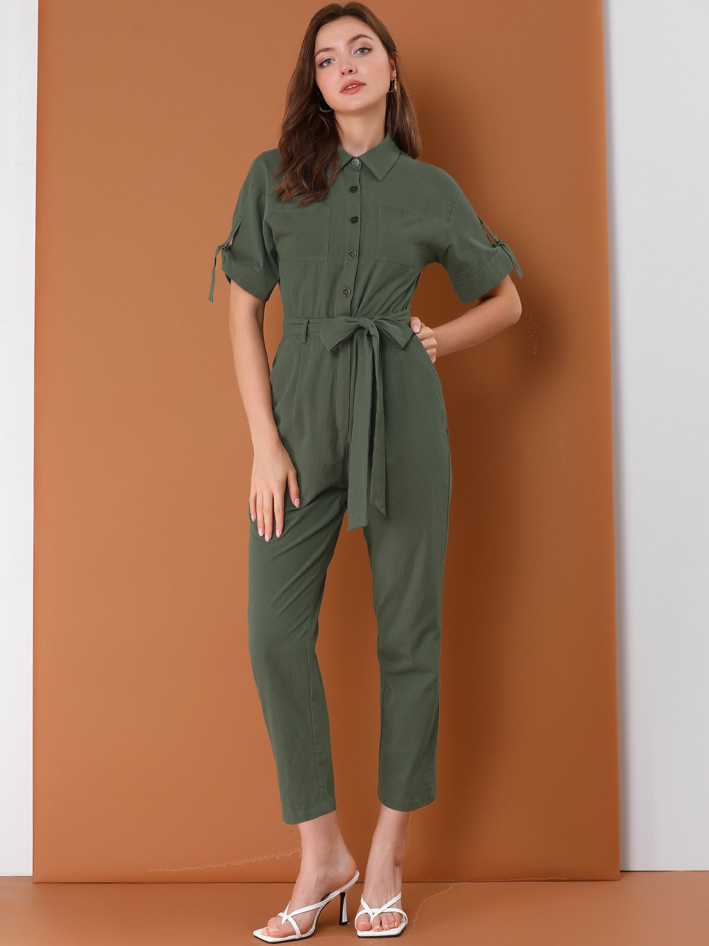 Women's Short Sleeve Collared Cropped Coverall Button Down Tie Waist Cotton Cargo Jumpsuit (Available in Plus Size)