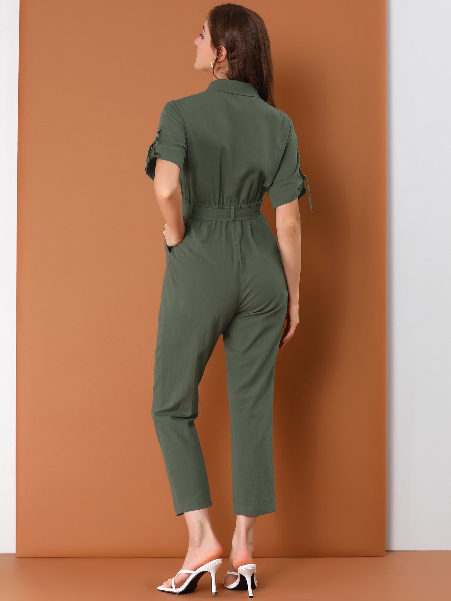 Women's Short Sleeve Collared Cropped Coverall Button Down Tie Waist Cotton Cargo Jumpsuit (Available in Plus Size)