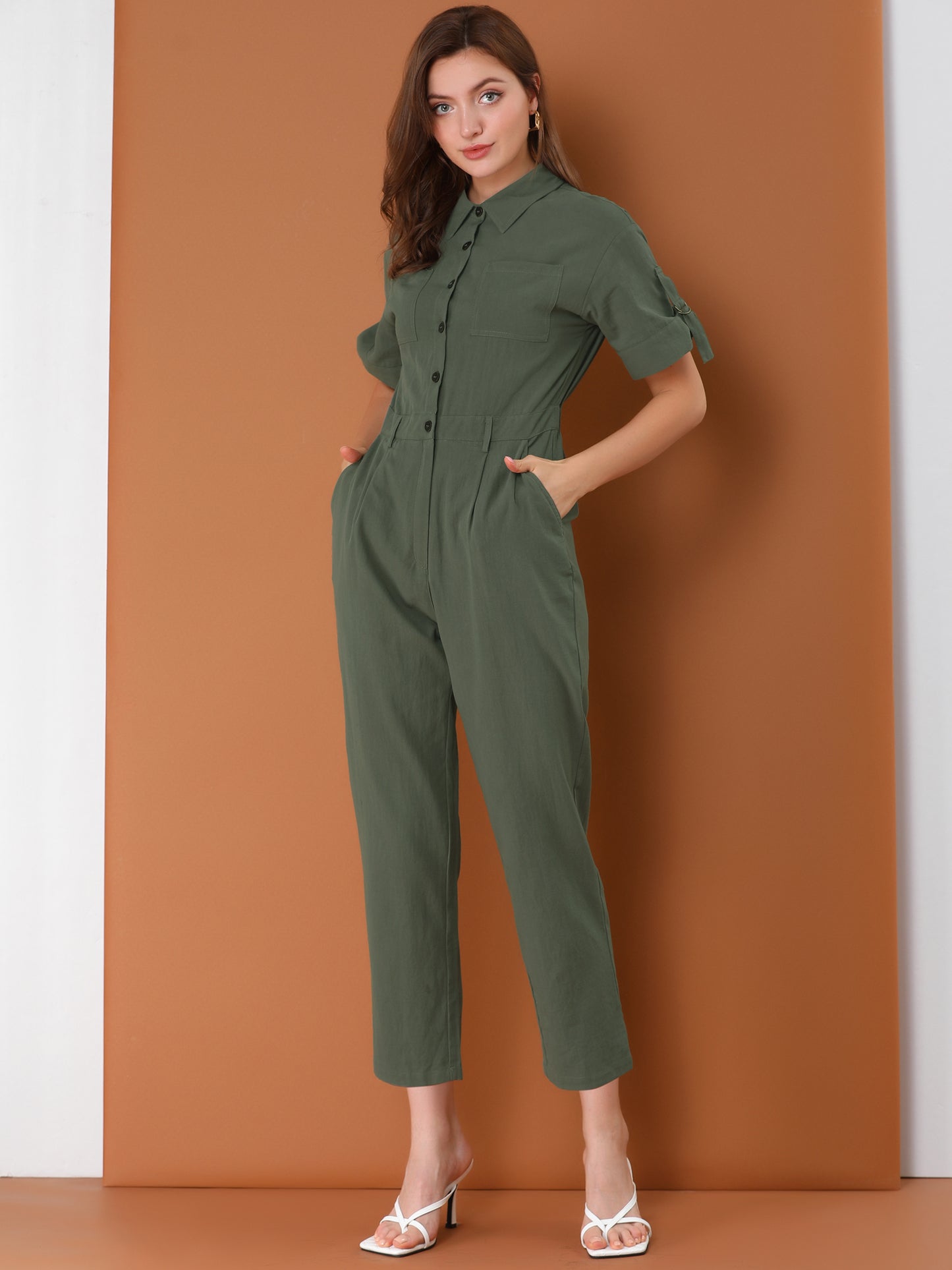 Women's Short Sleeve Collared Cropped Coverall Button Down Tie Waist Cotton Cargo Jumpsuit (Available in Plus Size)