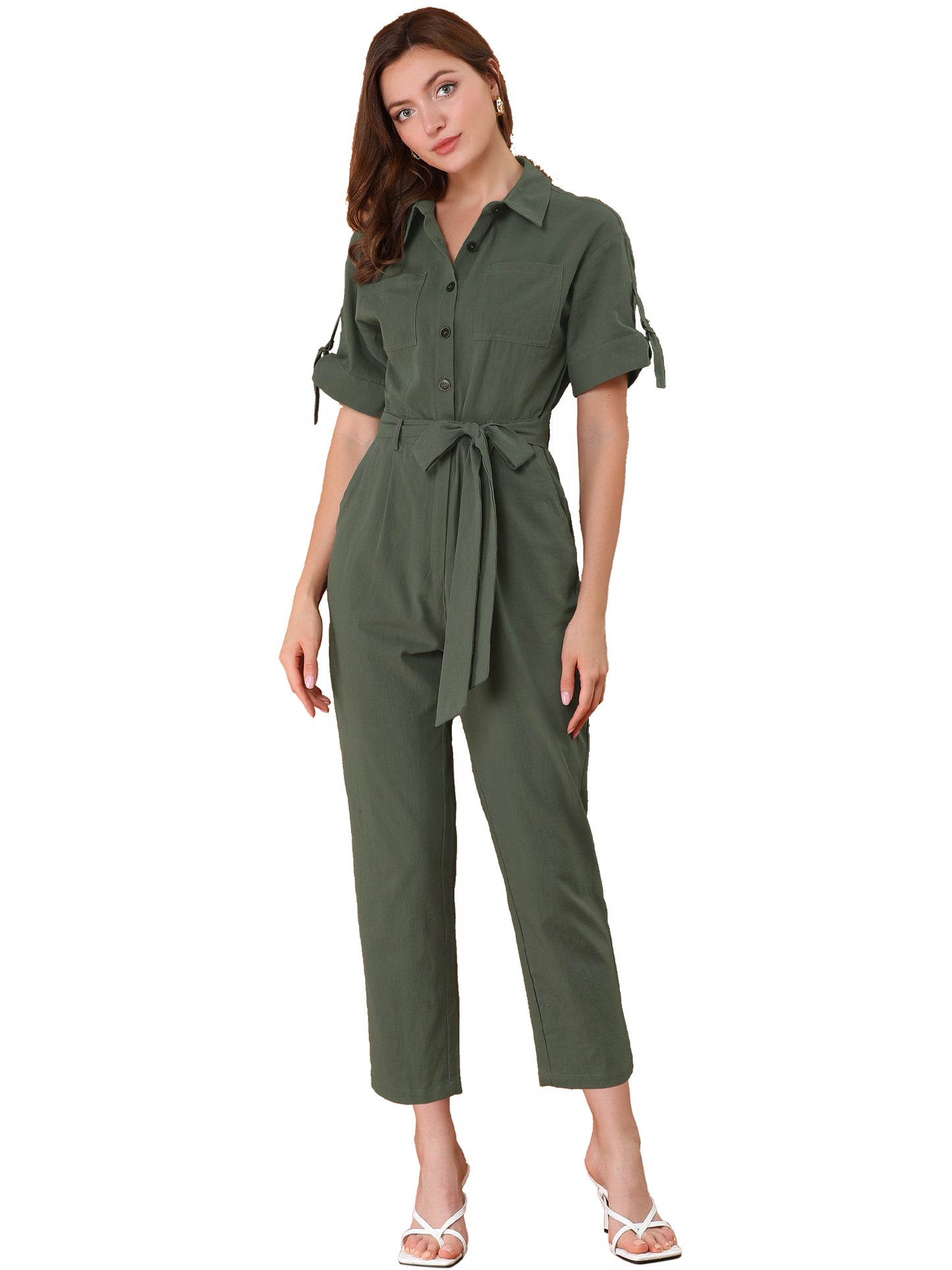 Women's Short Sleeve Collared Cropped Coverall Button Down Tie Waist Cotton Cargo Jumpsuit (Available in Plus Size)