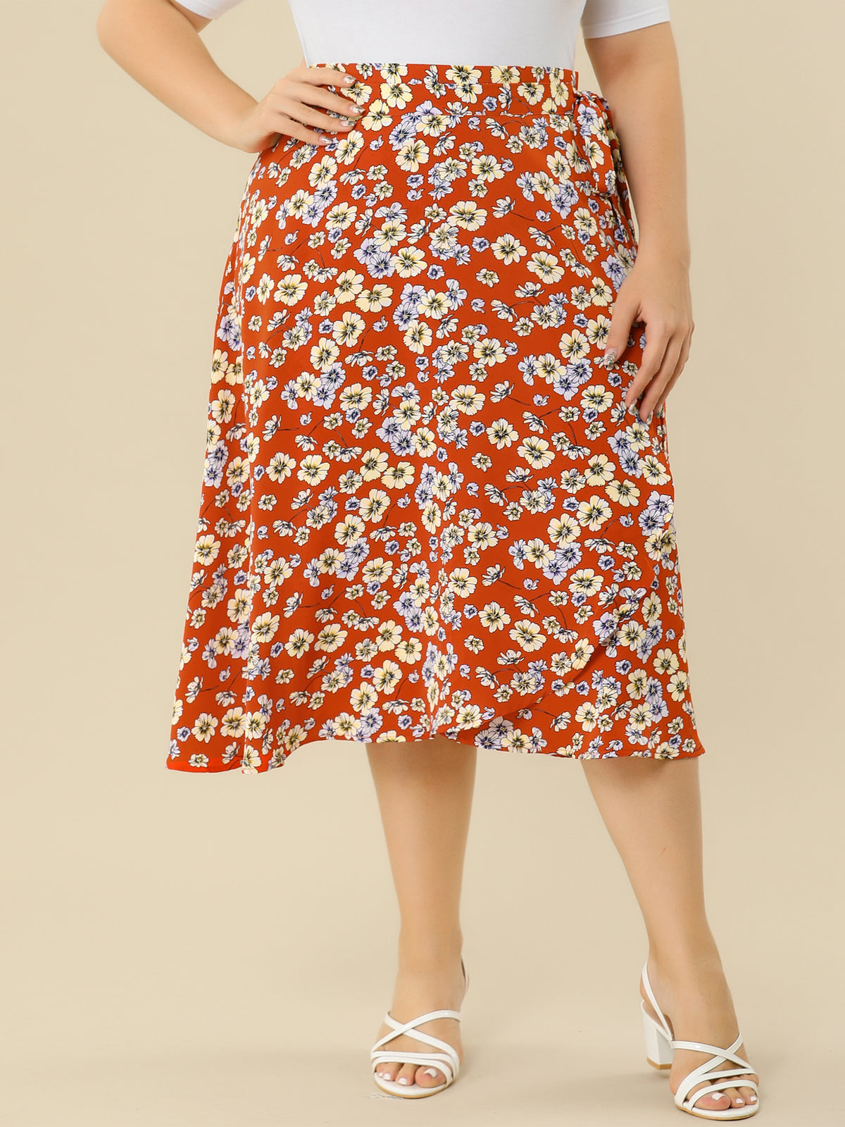 Women's Plus Size Boho Floral Wrap A Line Midi Chic Ruffled Hem High Waisted Skirt