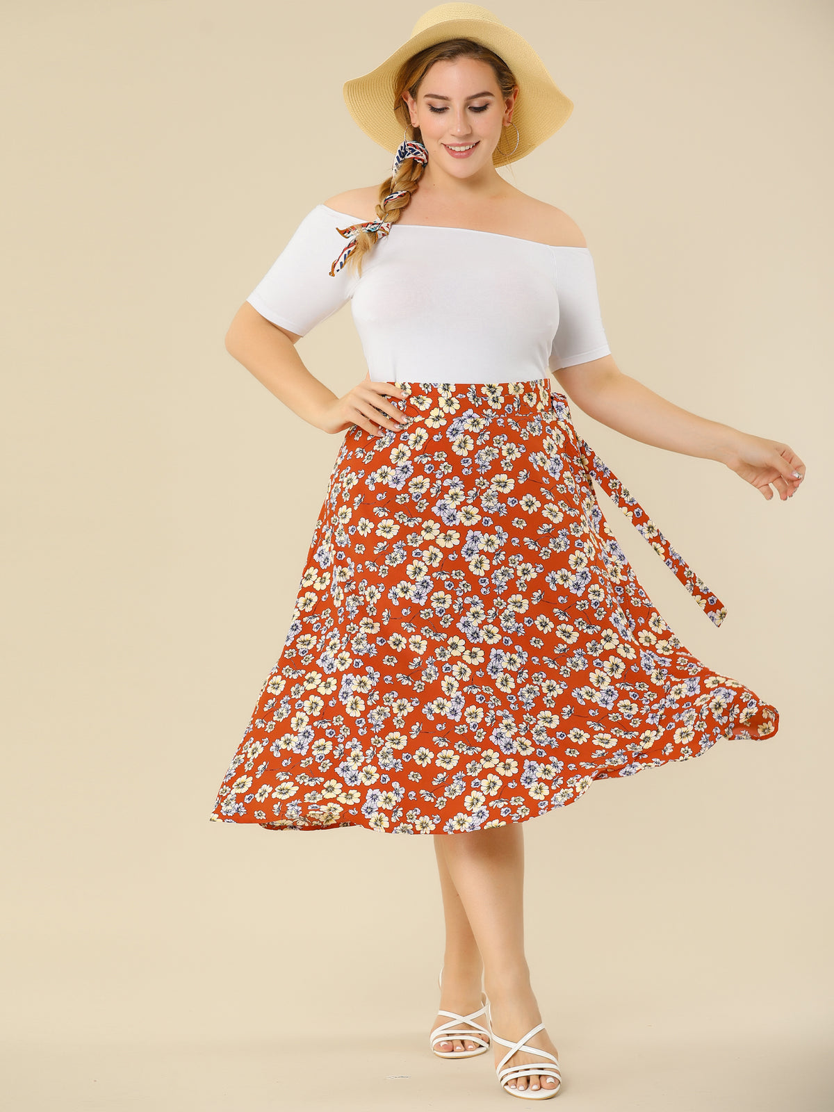 Women's Plus Size Boho Floral Wrap A Line Midi Chic Ruffled Hem High Waisted Skirt