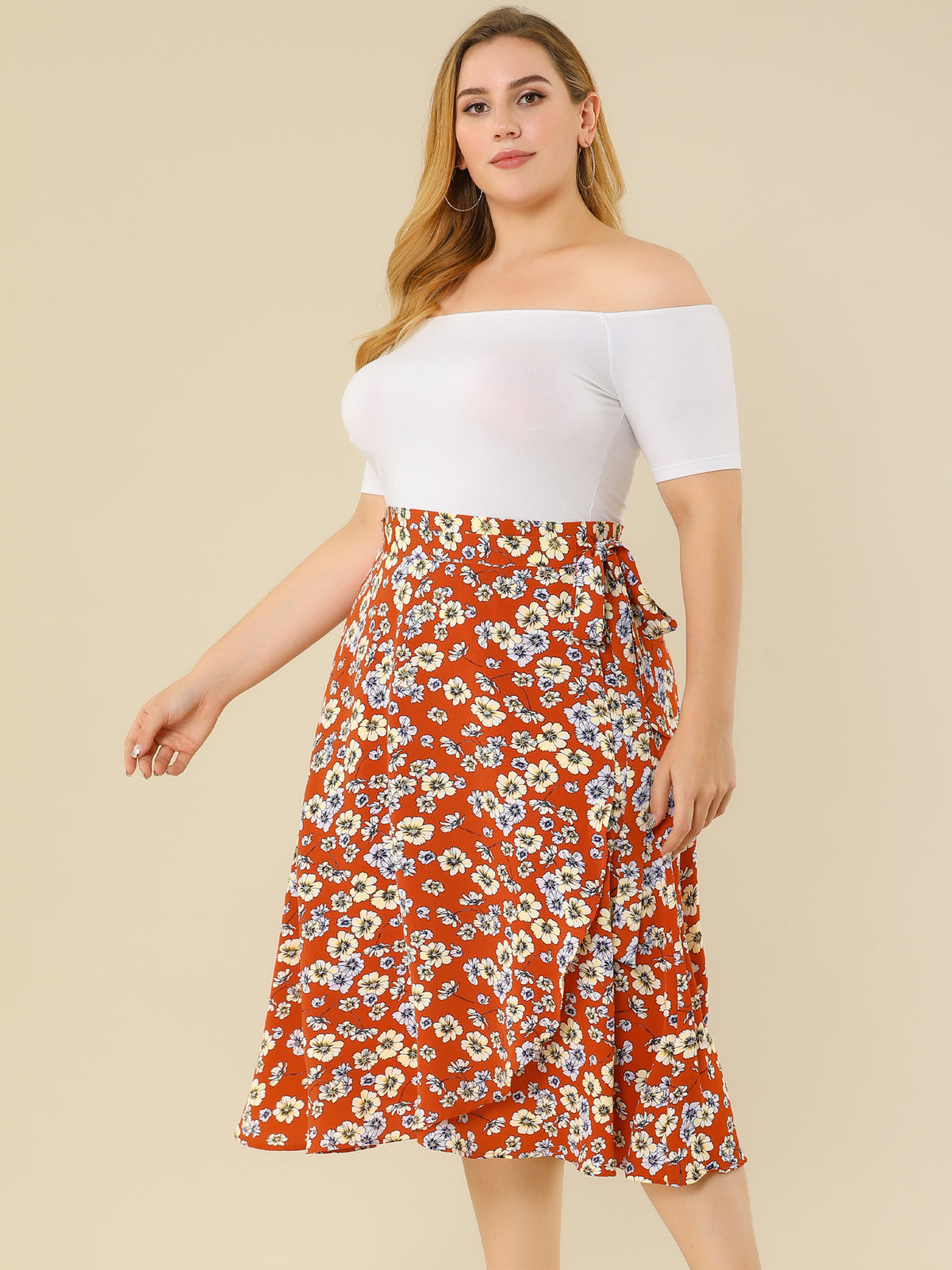 Women's Plus Size Boho Floral Wrap A Line Midi Chic Ruffled Hem High Waisted Skirt