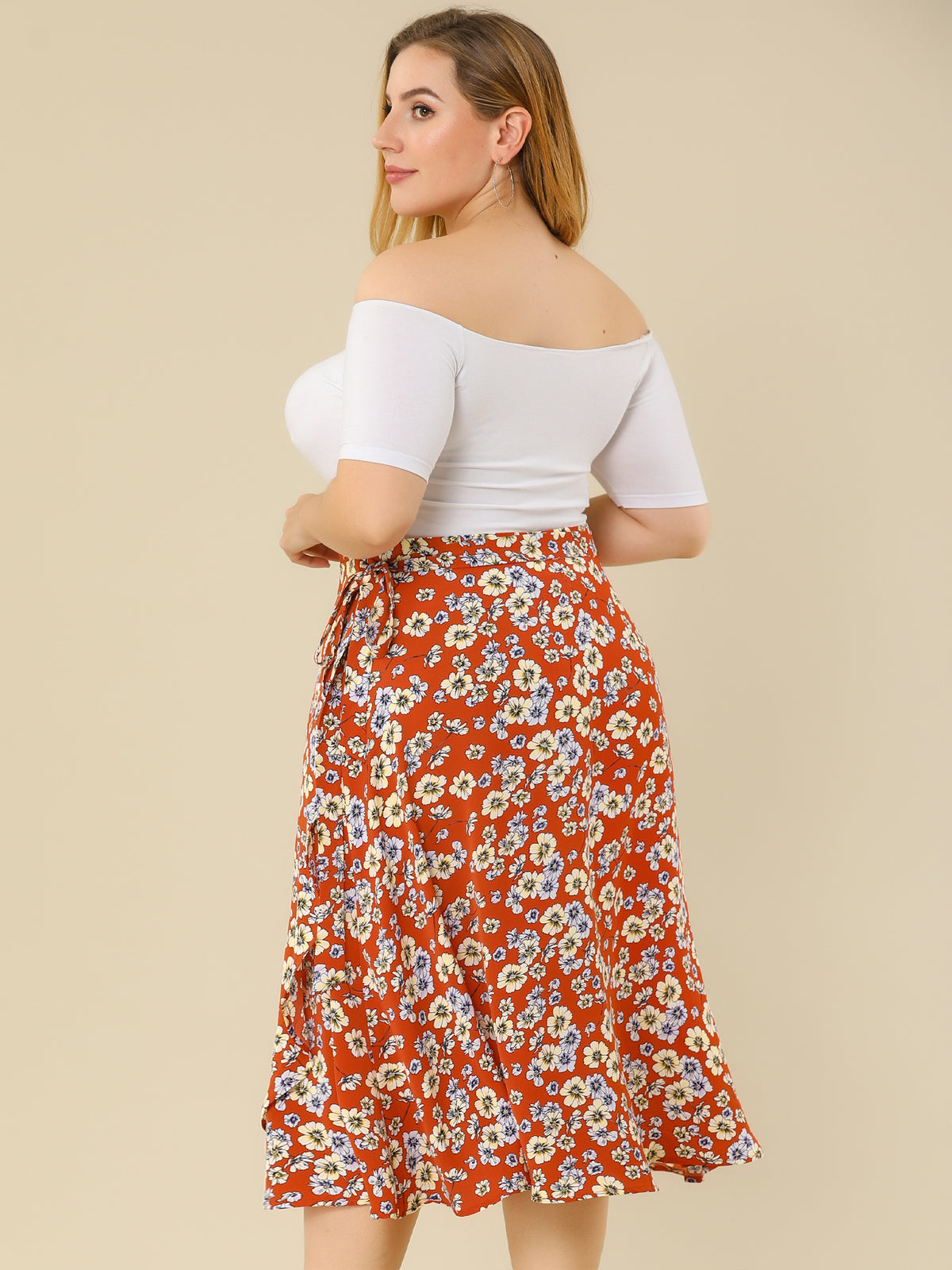 Women's Plus Size Boho Floral Wrap A Line Midi Chic Ruffled Hem High Waisted Skirt