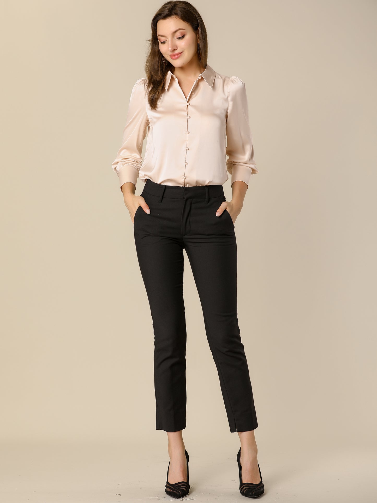 Women's Satin Puff Sleeve Collared Work Office Dressy Button Up Shirt, Light Colors