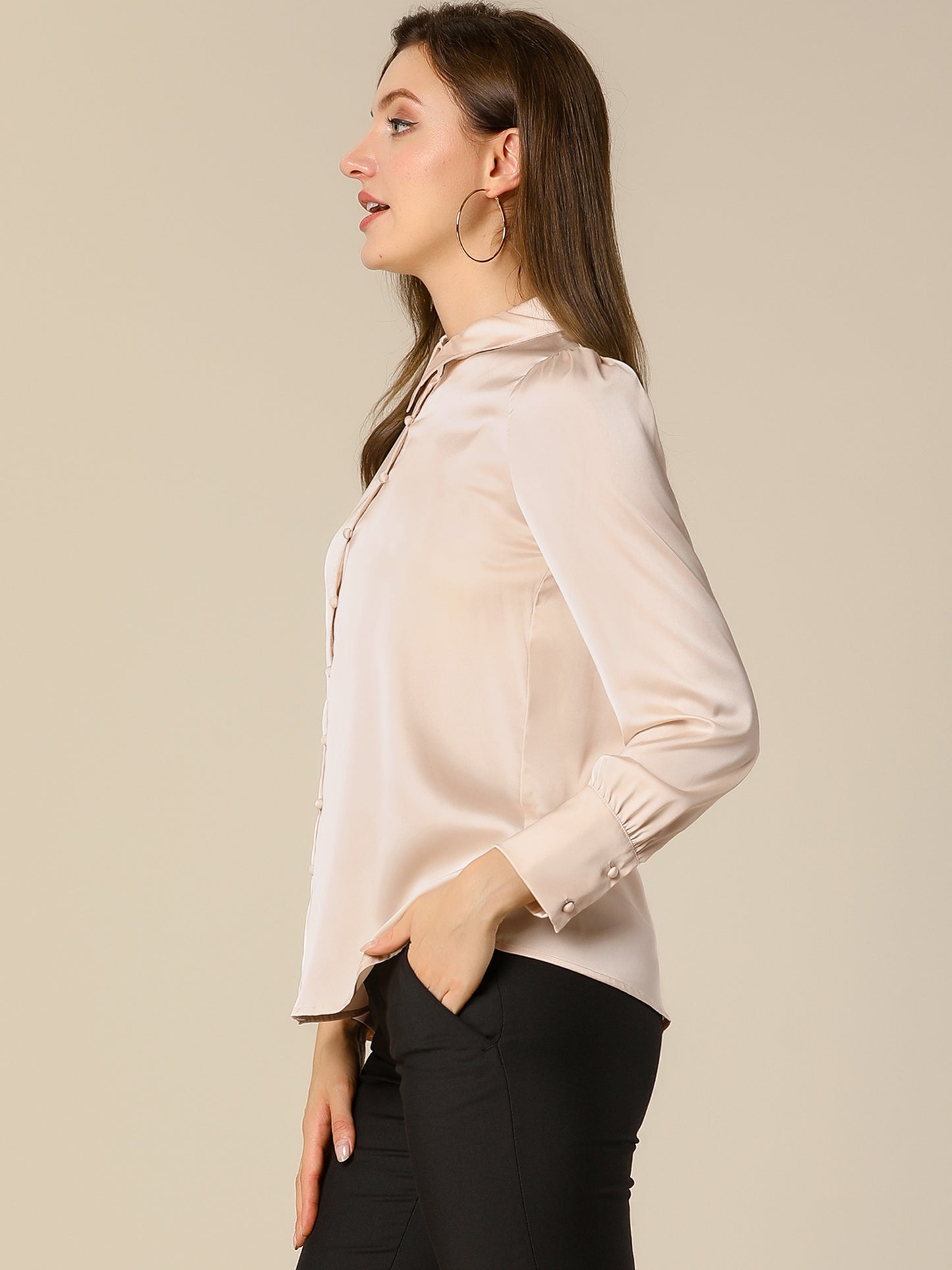 Women's Satin Puff Sleeve Collared Work Office Dressy Button Up Shirt, Light Colors