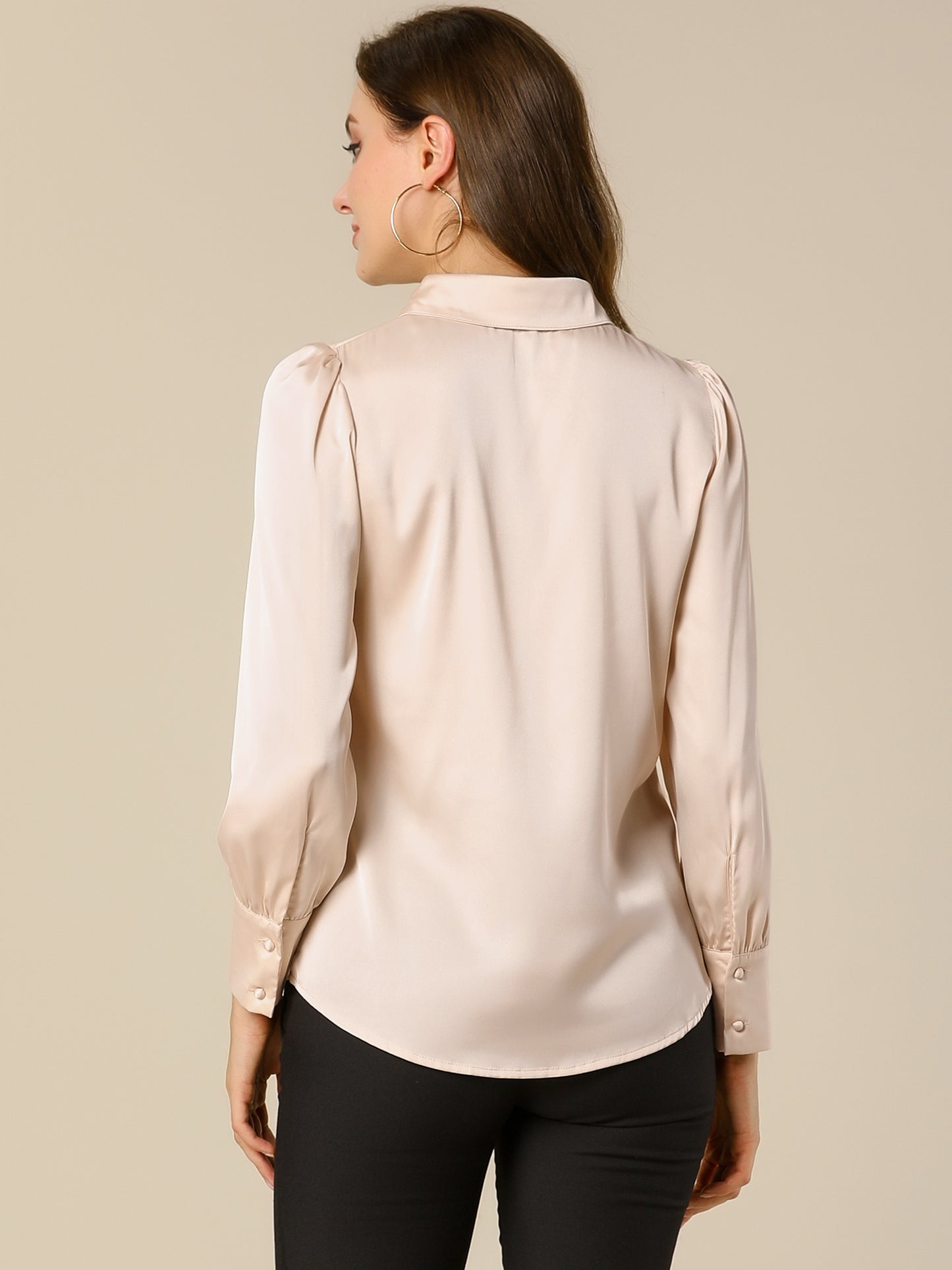 Women's Satin Puff Sleeve Collared Work Office Dressy Button Up Shirt, Light Colors