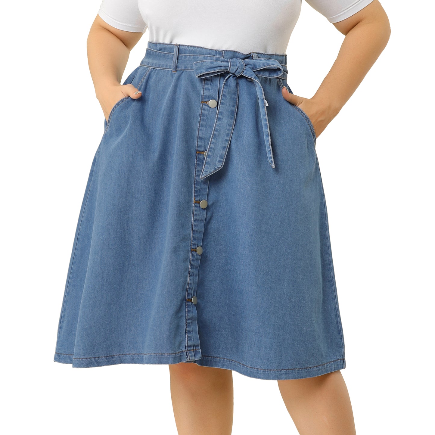 Women's Plus Size Denim Skirts Tie Waist A-Line with Pockets Midi Summer Jeans Skirt