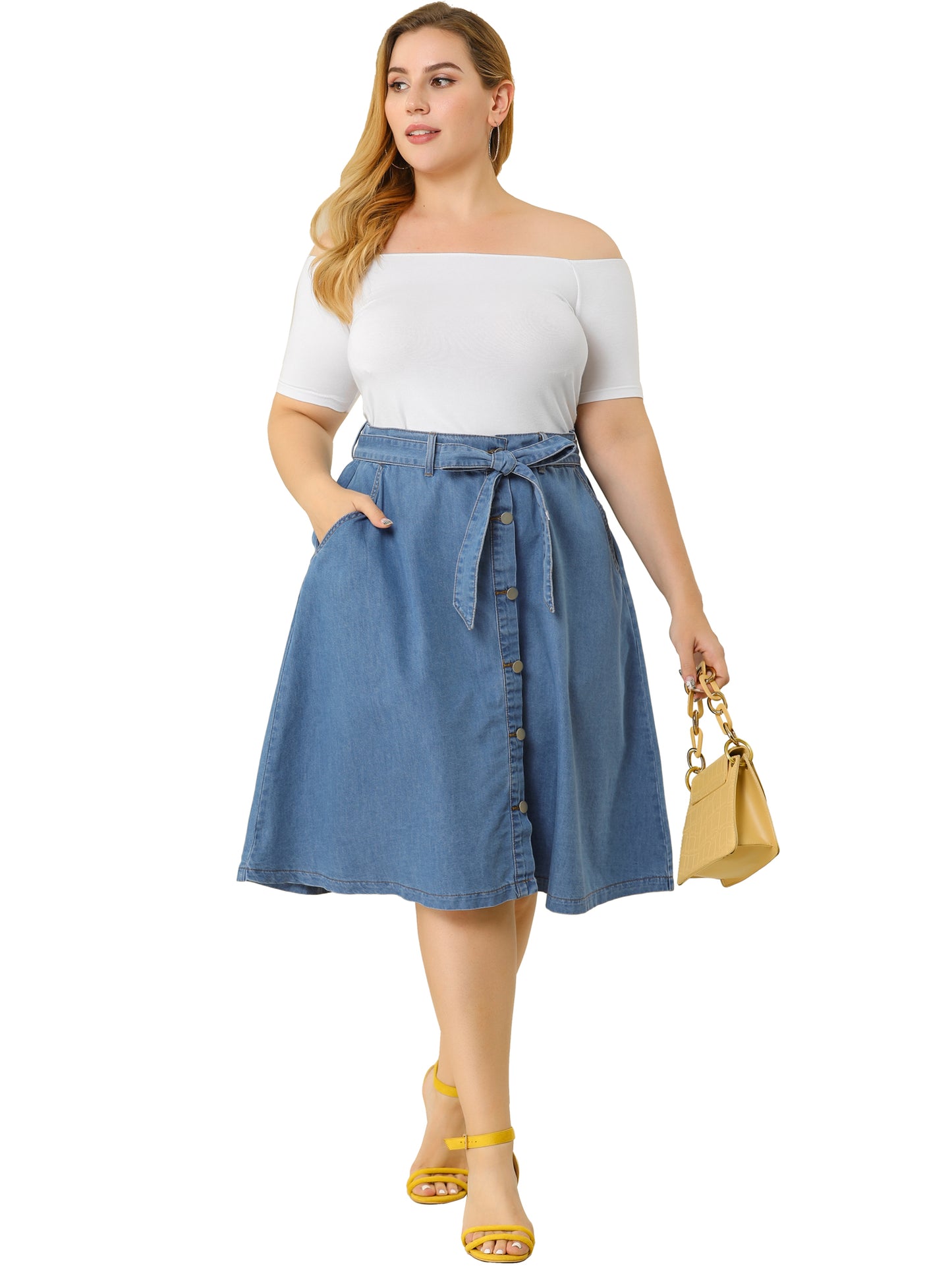 Women's Plus Size Denim Skirts Tie Waist A-Line with Pockets Midi Summer Jeans Skirt