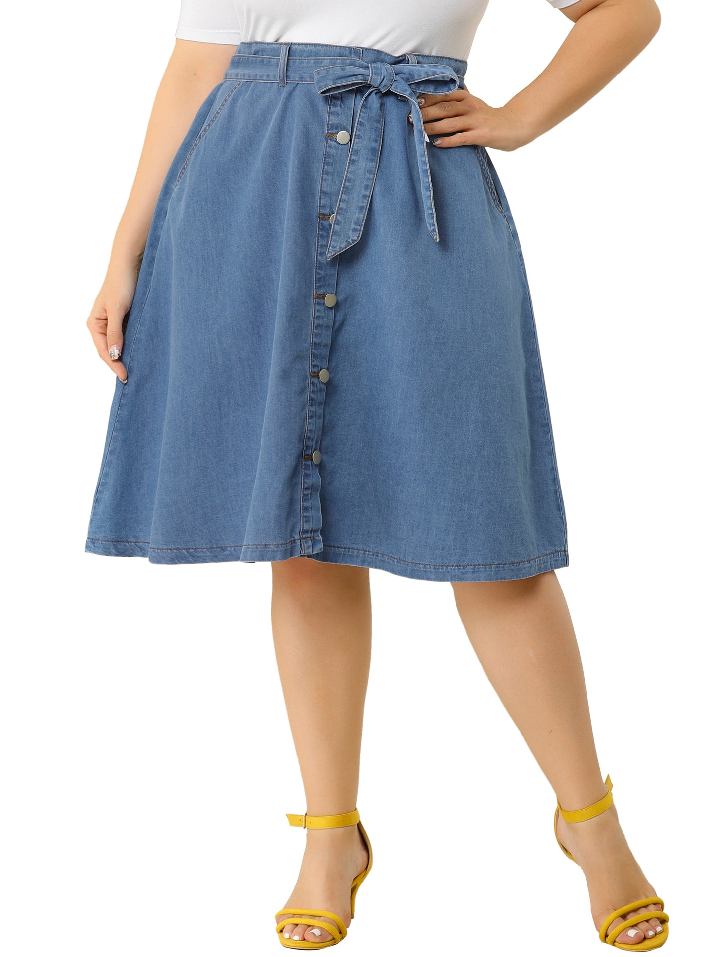 Women's Plus Size Denim Skirts Tie Waist A-Line with Pockets Midi Summer Jeans Skirt