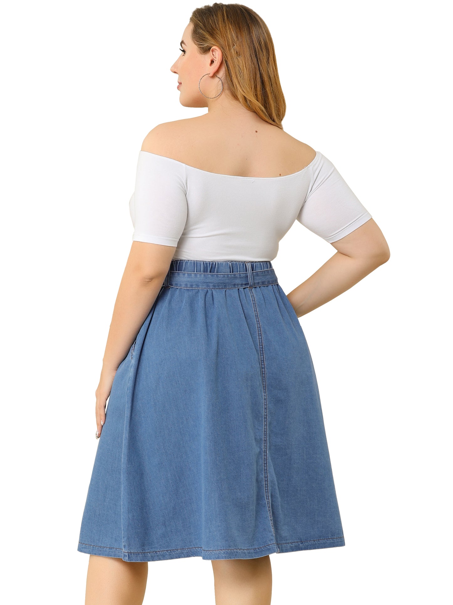 Women's Plus Size Denim Skirts Tie Waist A-Line with Pockets Midi Summer Jeans Skirt