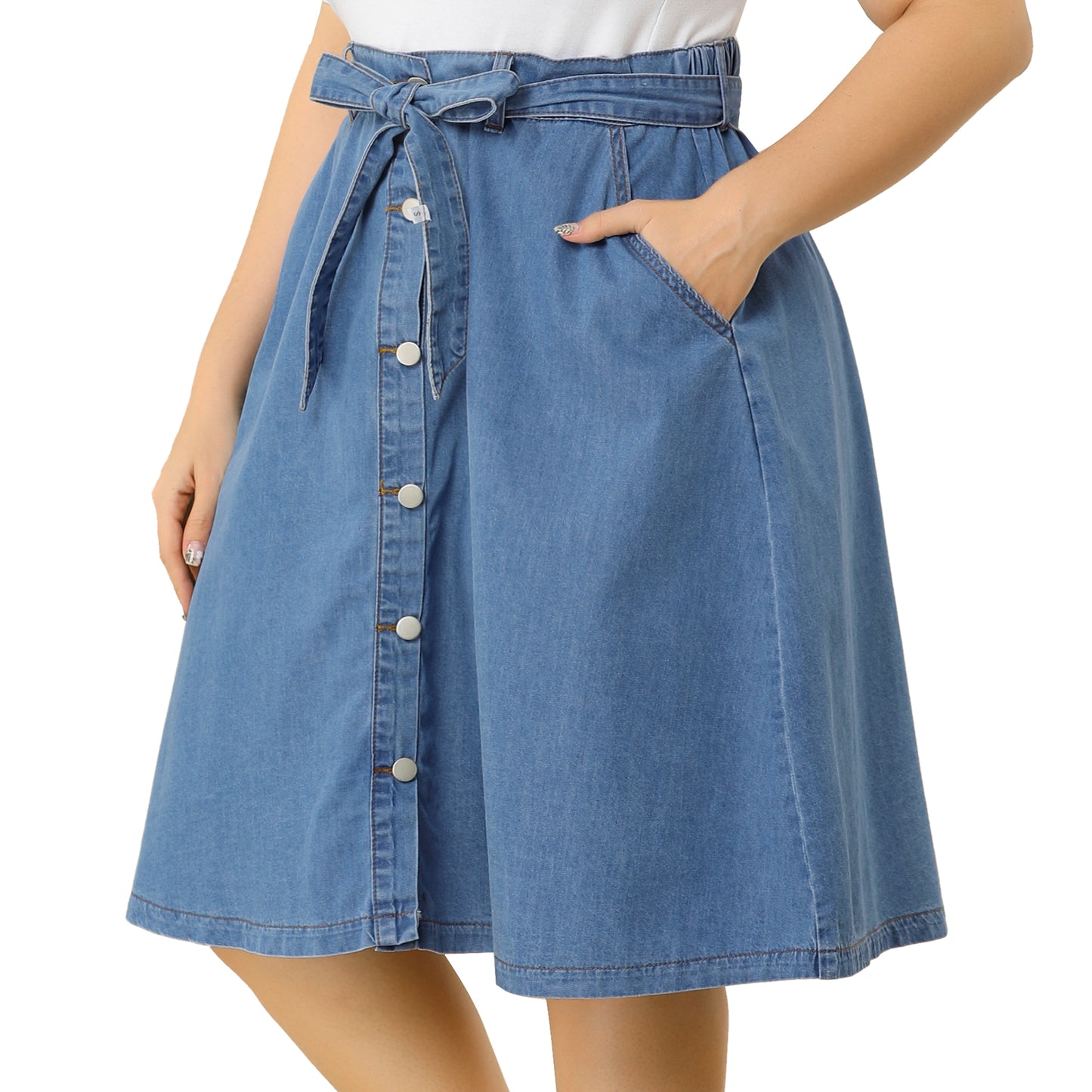 Women's Plus Size Denim Skirts Tie Waist A-Line with Pockets Midi Summer Jeans Skirt