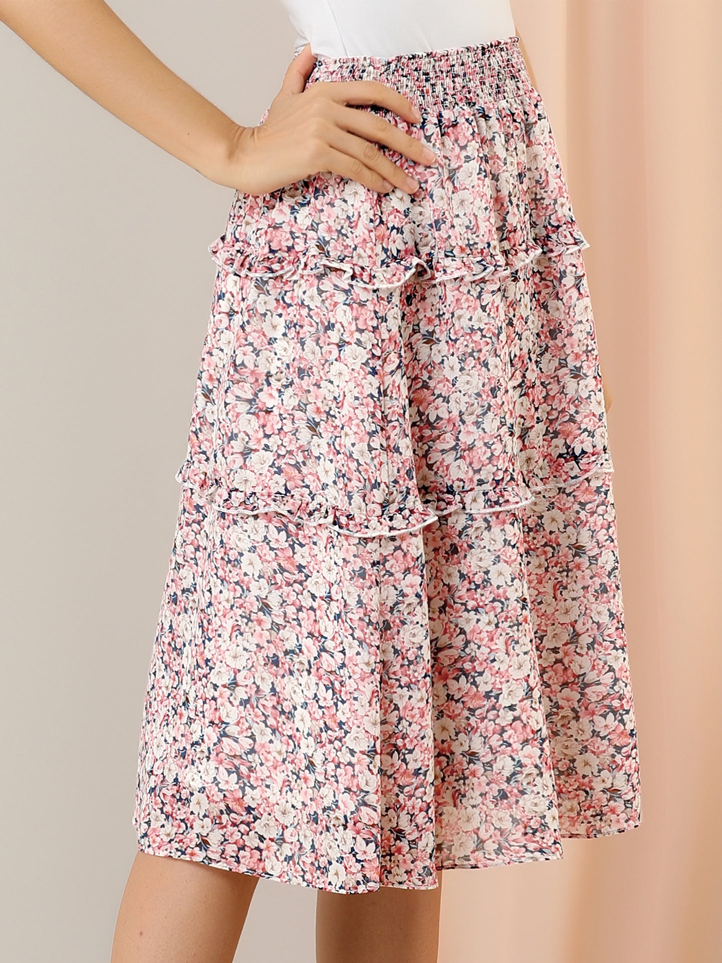 Women's Floral Skirts Spring Smocked Elastic Waist A-Line Below Knee Length Ruffle Tiered Skirt (Available in Plus Size)