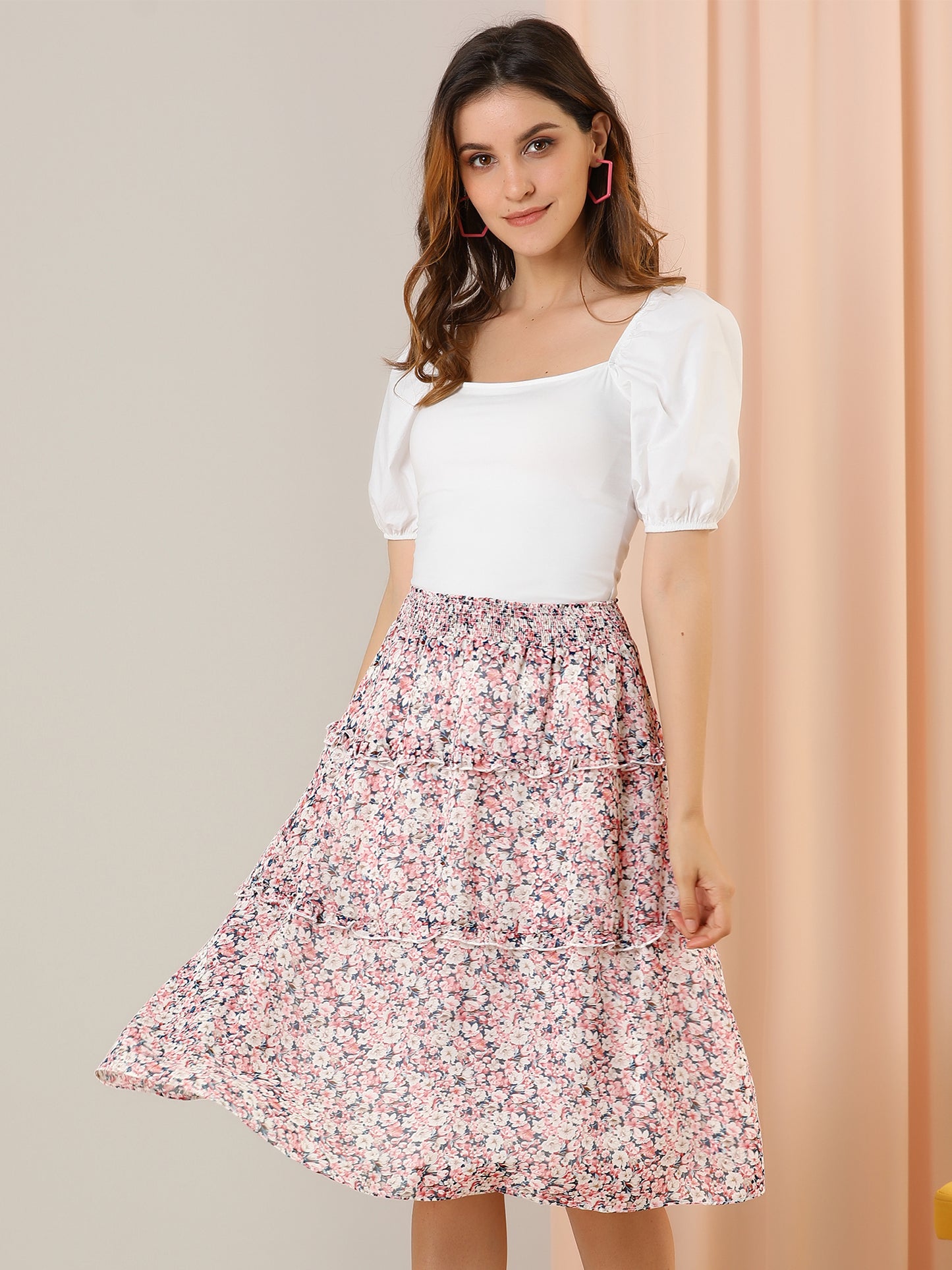 Women's Floral Skirts Spring Smocked Elastic Waist A-Line Below Knee Length Ruffle Tiered Skirt (Available in Plus Size)